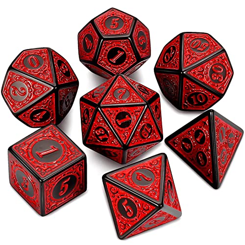QMAY DND Dice Polyedrisches Würfel Set - 7 Stück für Dungeon und Dragons MTG RPG D&D D20, D12, D10, D%, D8, D6, D4 (Rote Gravurmuster)