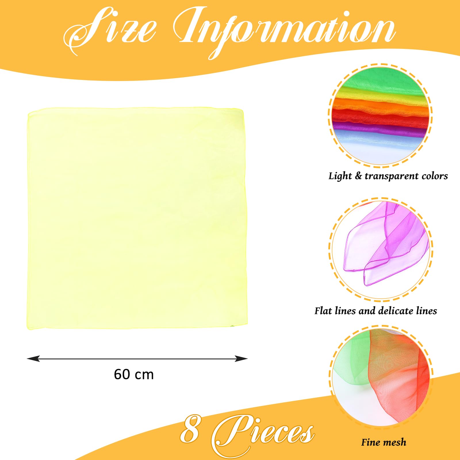 Grantop 8PCS Juggling Scarves,Coloured Dance Scarves 60 x 60cm,Square Sensory Play Scarf,Lightweight Rainbow Chiffon Silk Scarf,Performance Props scarves for Magic Practice & Stage Shows (8 - Image 2