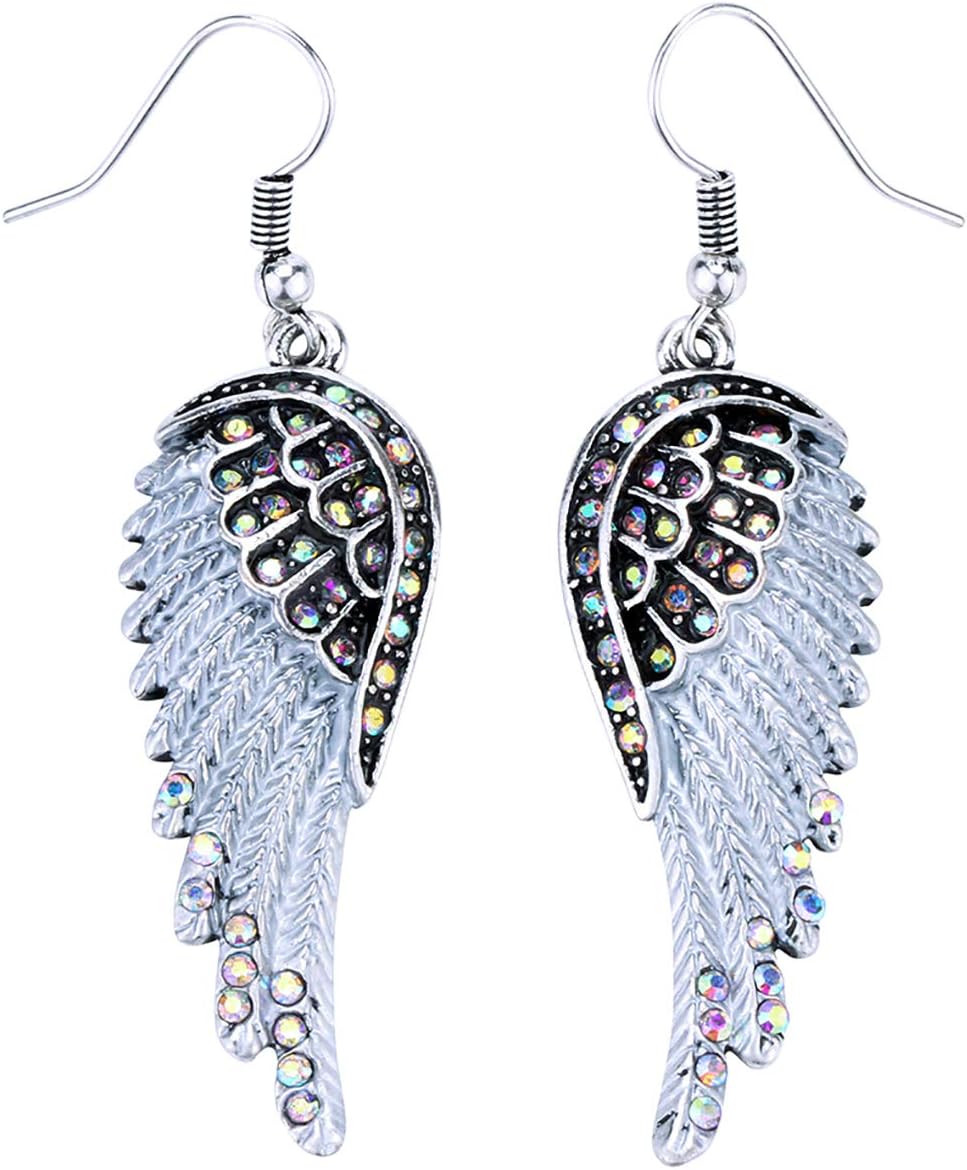 Women's Crystal Guardian Angel Wings Hypoallergenic Dangle Earrings Biker Jewelry - 2 1/4 inch