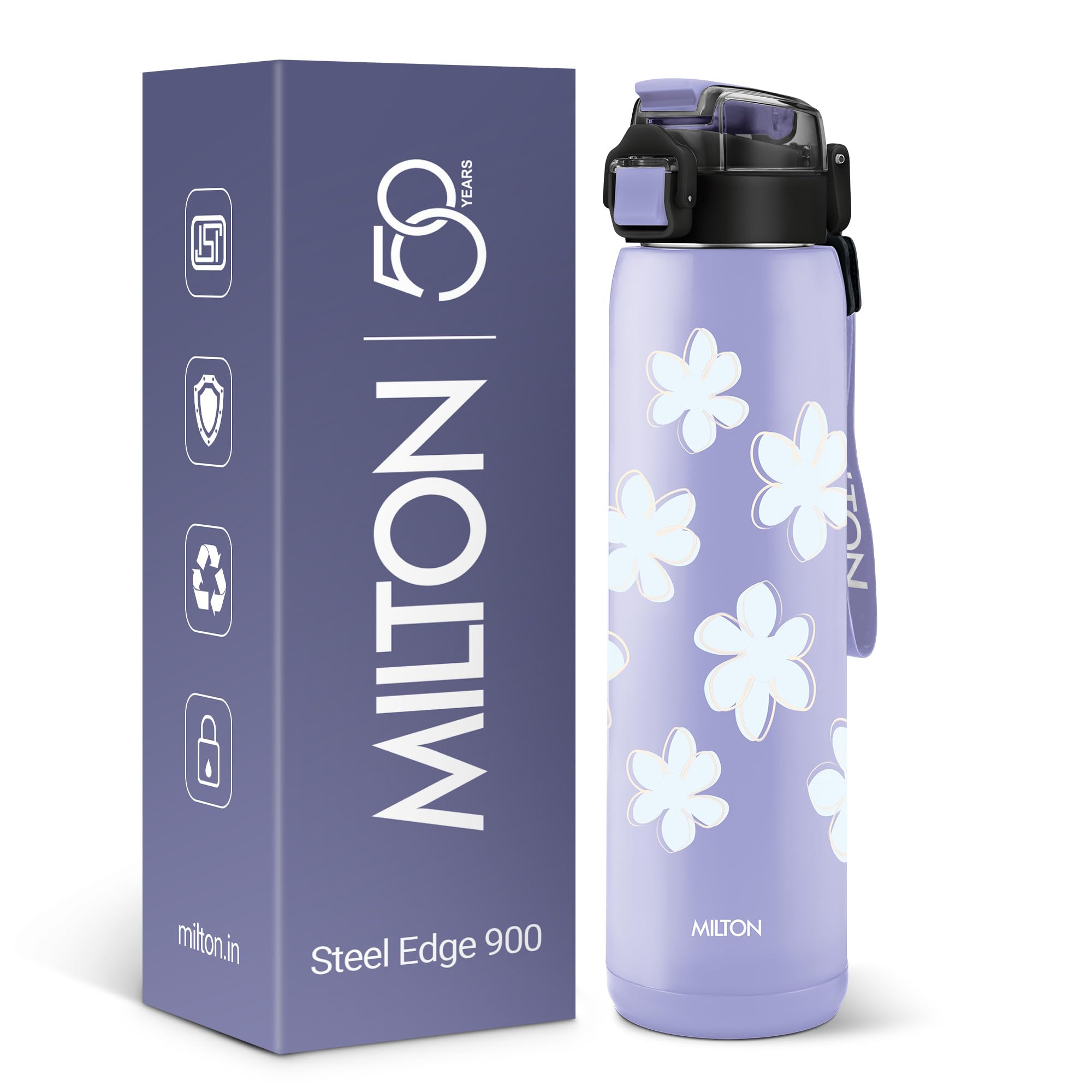 Milton Steel Edge 900 Thermoware Water Bottle 600 ml with One Touch Safety Lock & Twin Lid Sip or Gulp,Long Hours Hot & Cold,Leak Proof,ISI Certified,Vacuum Insulated,for Office,Gym,School, Lavender