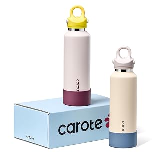 CAROTE 2-Pack Insulated Stainless Steel Water Bottles, One Click Open Tumblers with Removable Silicone Boot Sleeve, Leakproof and BPA Free, Great for Travel, 20 Oz Set of Two (Blue & Purple) - Amazon product rated Grade A