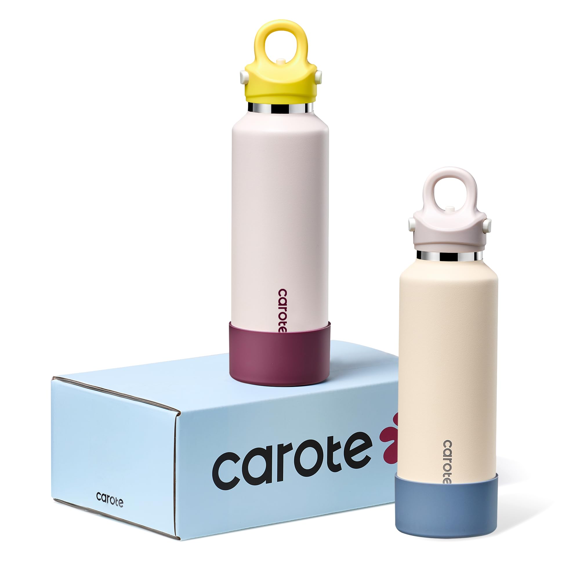 CAROTE 2-Pack Insulated Stainless Steel Water Bottles, One Click Open Tumblers with Removable Silicone Boot Sleeve, Leakproof and BPA Free, Great for Travel, 20 Oz Set of Two (Blue & Purple)