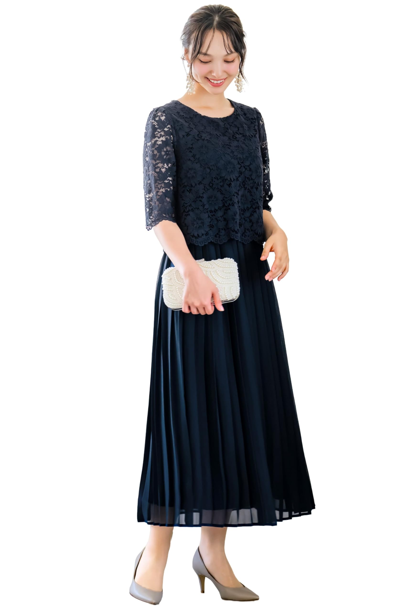 [ELENA] エレナ レディース マタニティ 単品 ワンピース ドレス レース プリーツ 授乳口付 体型カバー ウエストゴム フォーマル セレモニー (280252)