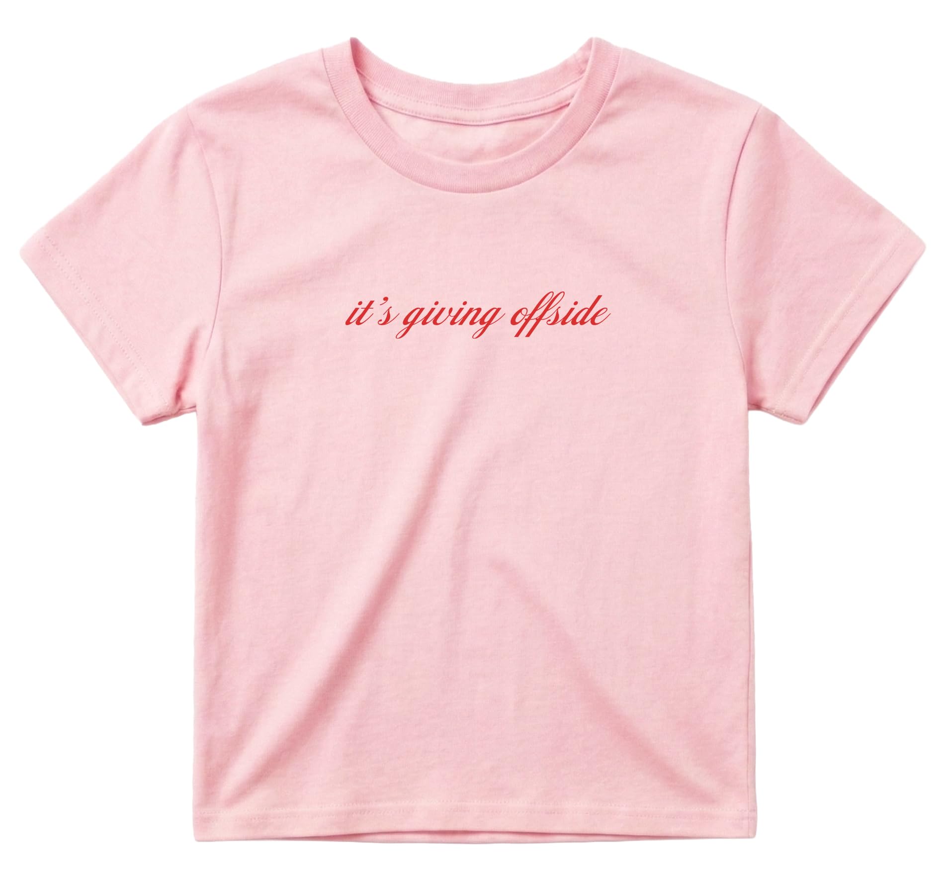 Sanfran Clothing It's Giving Offside Baby Tee T-Shirt Top World Football Shirt England Scotland Country Team 2026 Soccer Womens Flag Varsity Shirt Light Pink (Red Text) - XXS