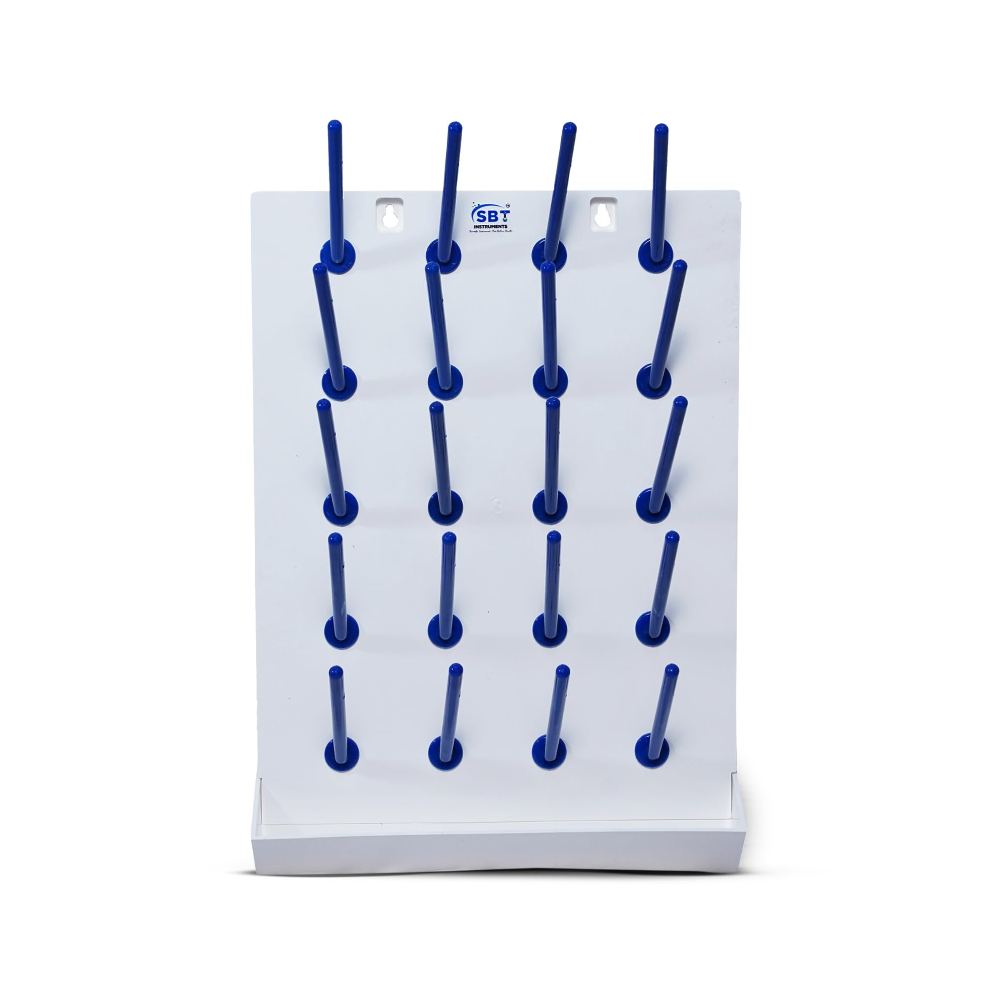 SBT INSTRUMENTS Laboratory Drying Rack 20 Pegs Collection Tray which Collects All The Waste Water/for Lab White Base with Blue Polypropylene Pegs Pack of 1