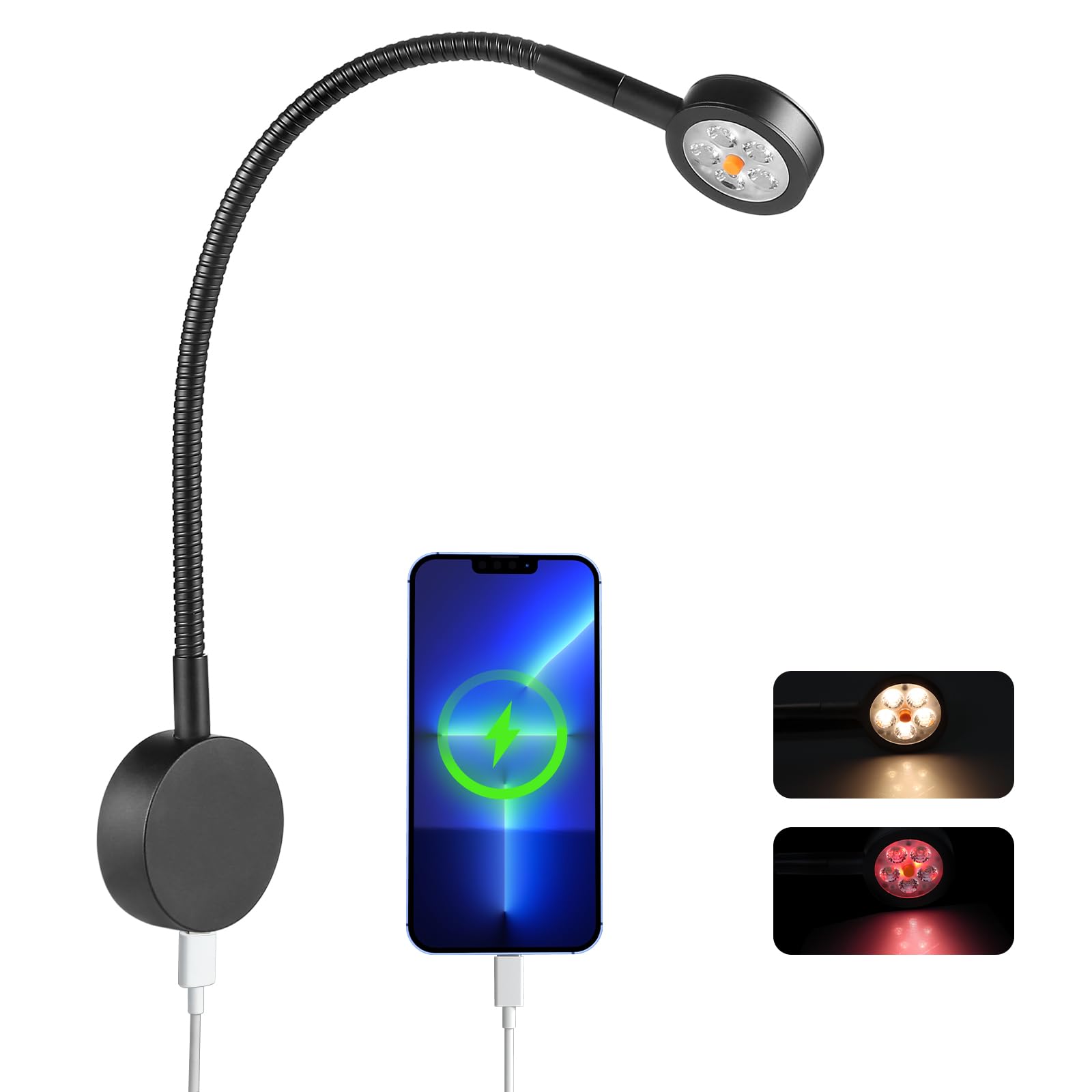 CamperXlite 2 x LED Leeslamp 12V DC – Dimbaar Interieurlicht 20W USB-C Laadpoort, Flexibele Zwanenhals, Geschikt voor Campervan, Caravan, Truck, Boot, T3/T4 (zwart, 4000K CamperXlite 2 x LED Leeslamp 12V DC – Dimbaar Interieurlicht 20W USB-C Laadpoort, Flexibele Zwanenhals, Geschikt voor Campervan, Caravan, Truck, Boot, T3/T4 (zwart, 4000K