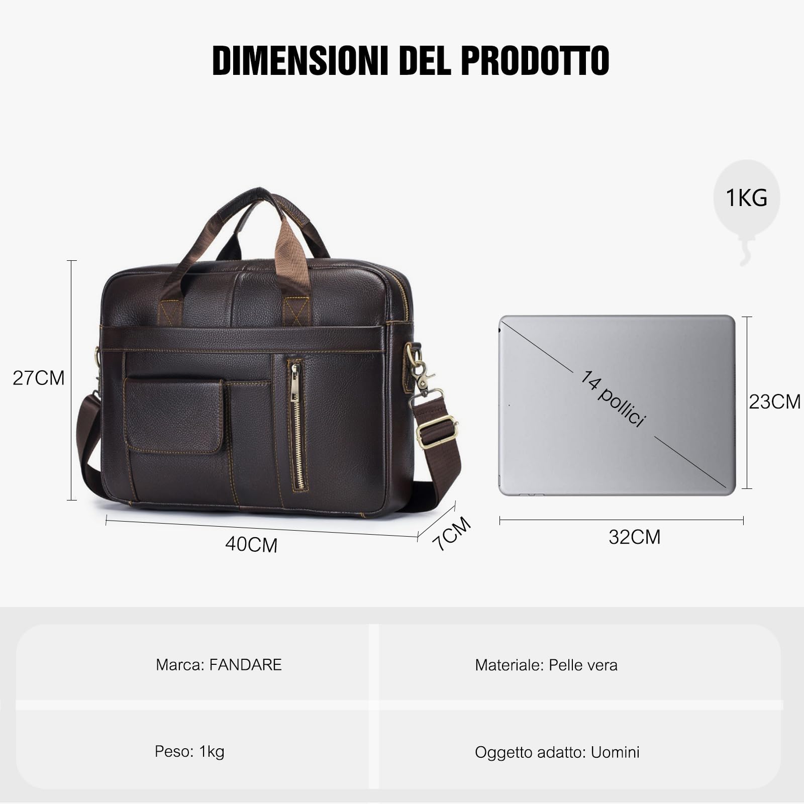 FANDARE Uomo Borsa Porta PC 14 Pollici, 24 Ore Ventiquattrore Porta Documenti Cartella Borse laptop Messenger, Weekendiera mano Spalla Tracolla Lavoro per Viaggi d'Affari Professionale Borsetta
