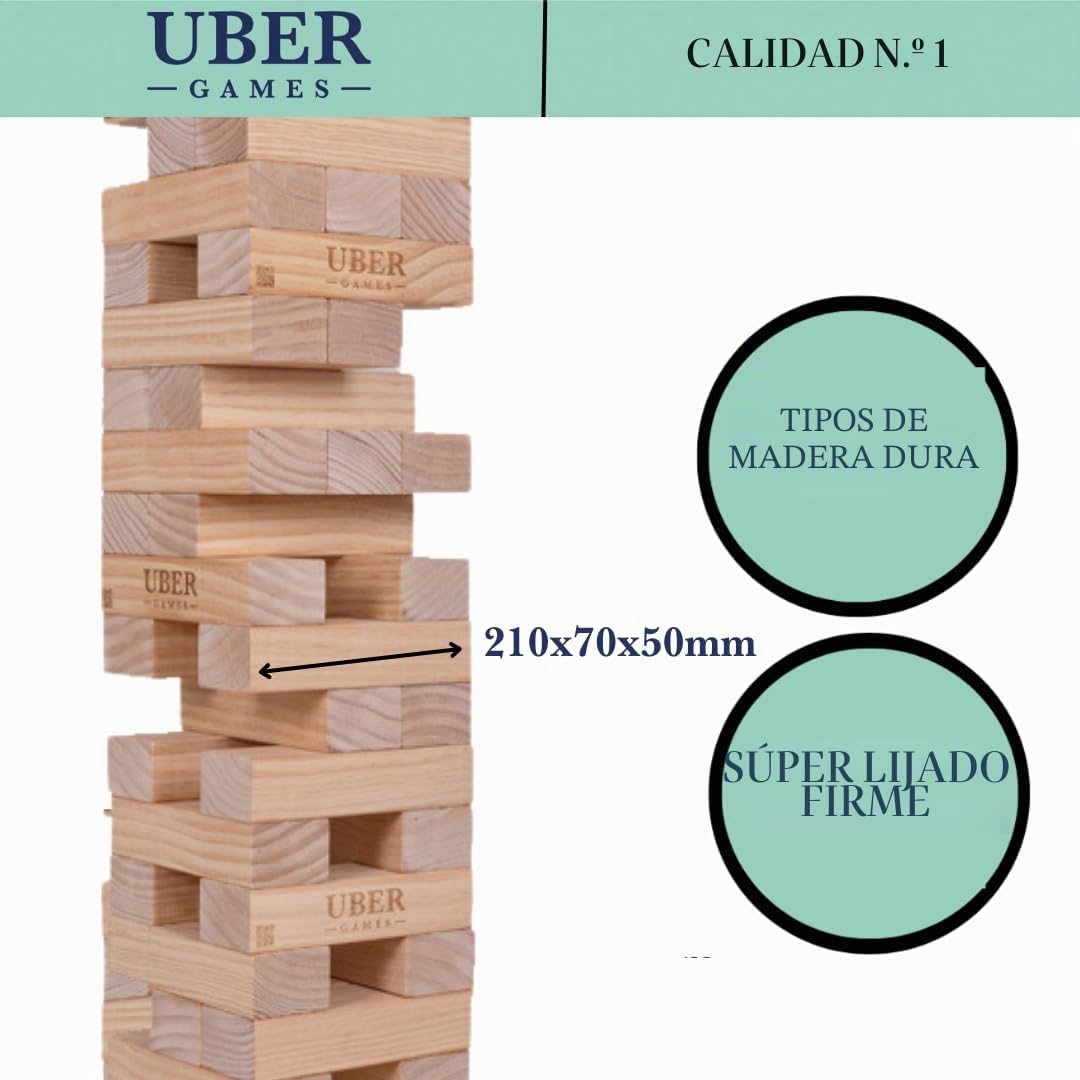Ubergames Torre gigante tambaleante de hasta 160+ cm XXL Jumbo Hi-Tower en bolsa – 1,6 m (máximo en el juego). Juego de torre de madera de pino macizo - Bloques extra de lujo y bolsa (hasta 160+ cm)