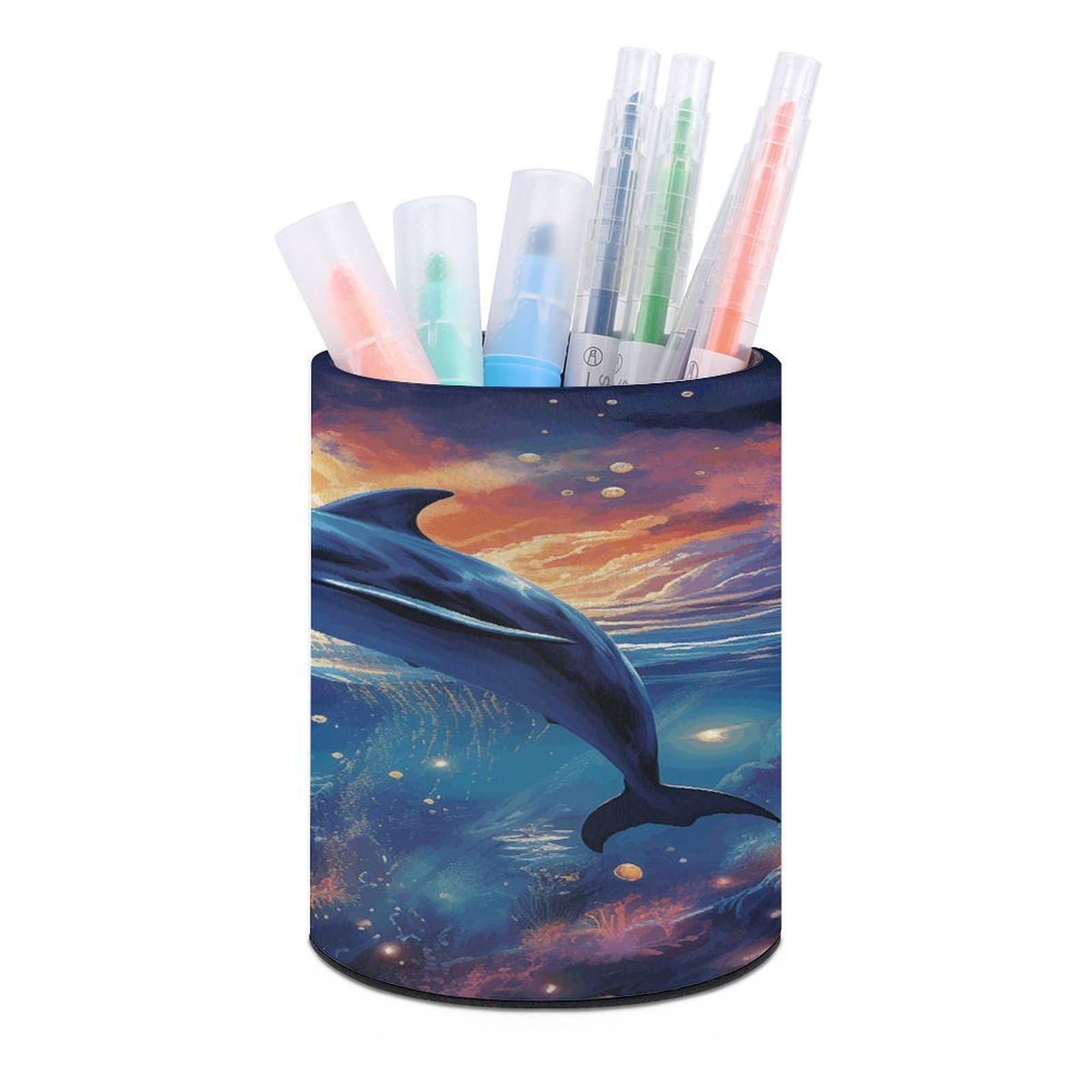 VstaDank Colorful Starry Sky Ocean Dolphin Pen Holder PU Leather Pencil Cup Minimalist Desk Pencil Holder Round Make Up Brush Organizers For Office Dorm Room&Vanity Desk Accessories