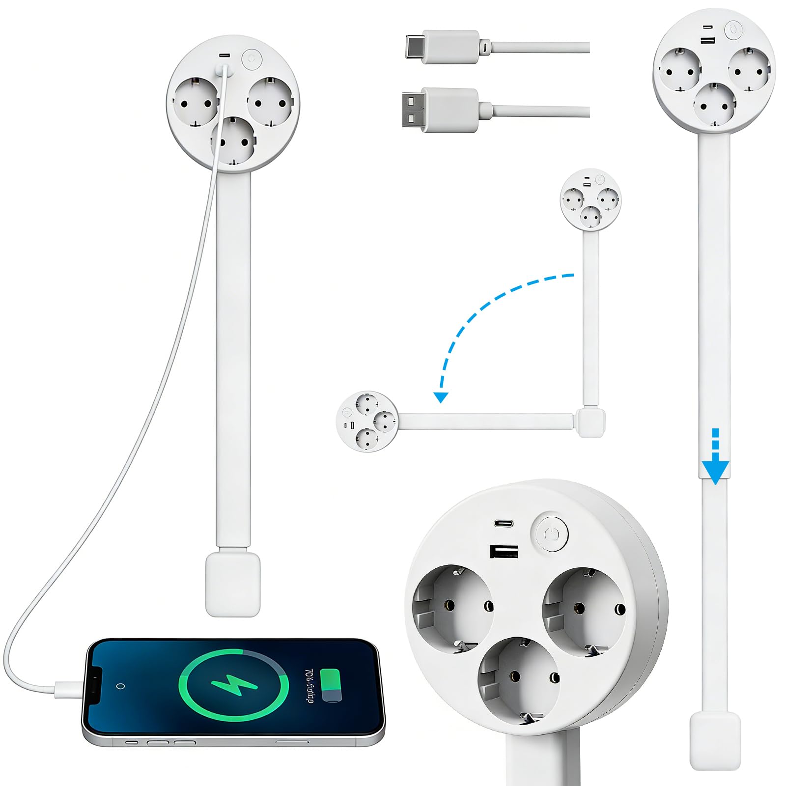 Rallonge de prise avec 3 prises CA, multiprise extensible