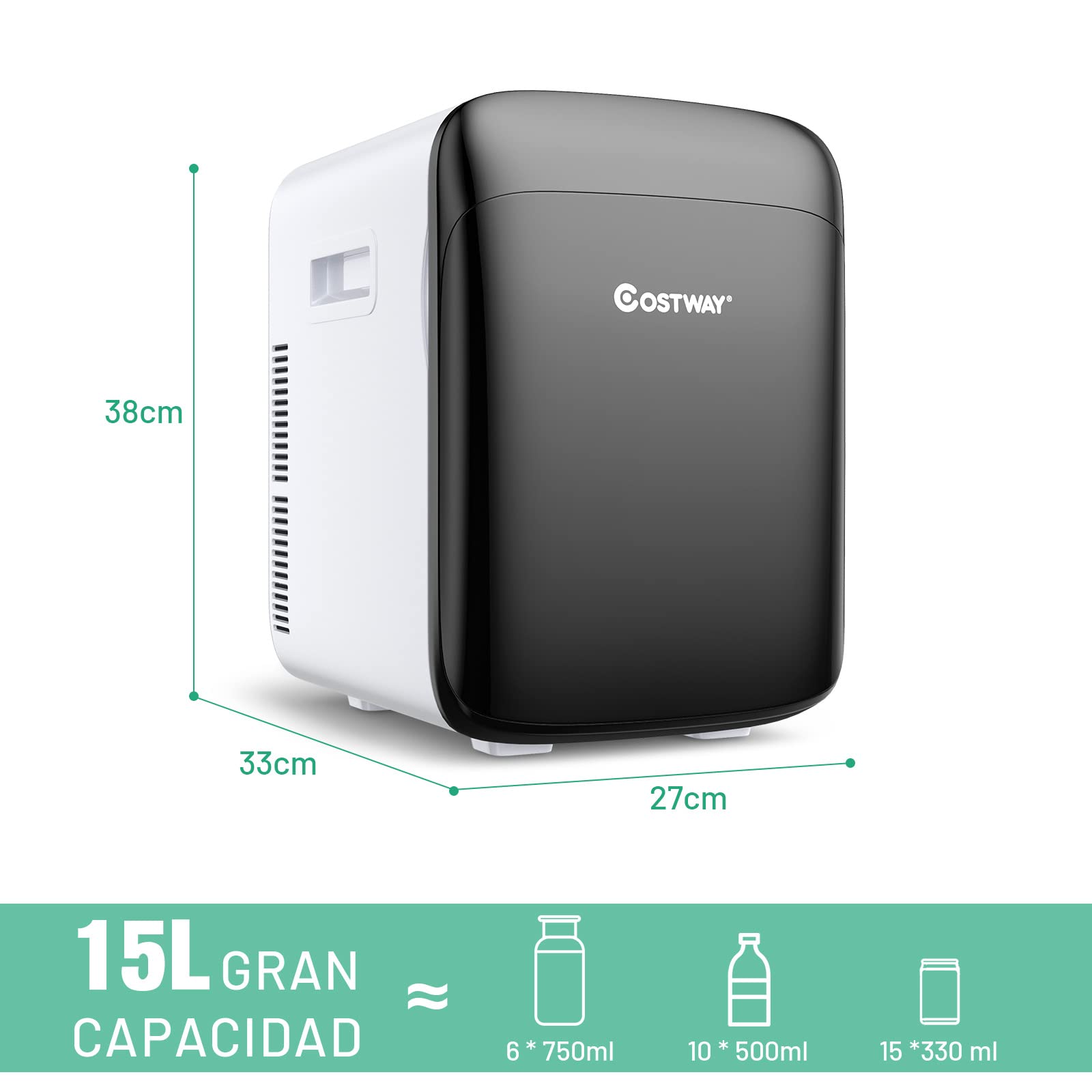 COSTWAY 15L Mini Nevera 2 en 1 Función de Enfriamiento y Calefacción,Enfriador Calentador 5 ℃ ~ 50 ℃ Congelador Portátil para el Automóvil Hogar Clase Energética E(negro)