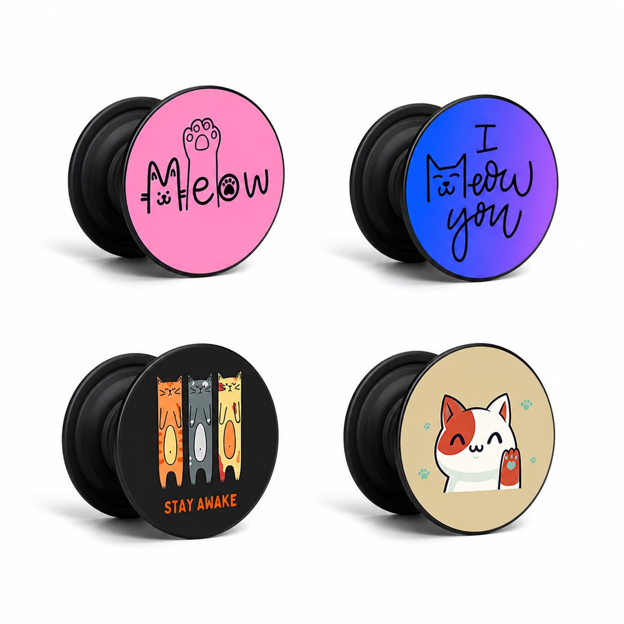 hubops Cat Phone Grips, Cute Cartoon Design Socket Pop Set of 4, Meow and Stay Awake Theme (combo1)-image-16