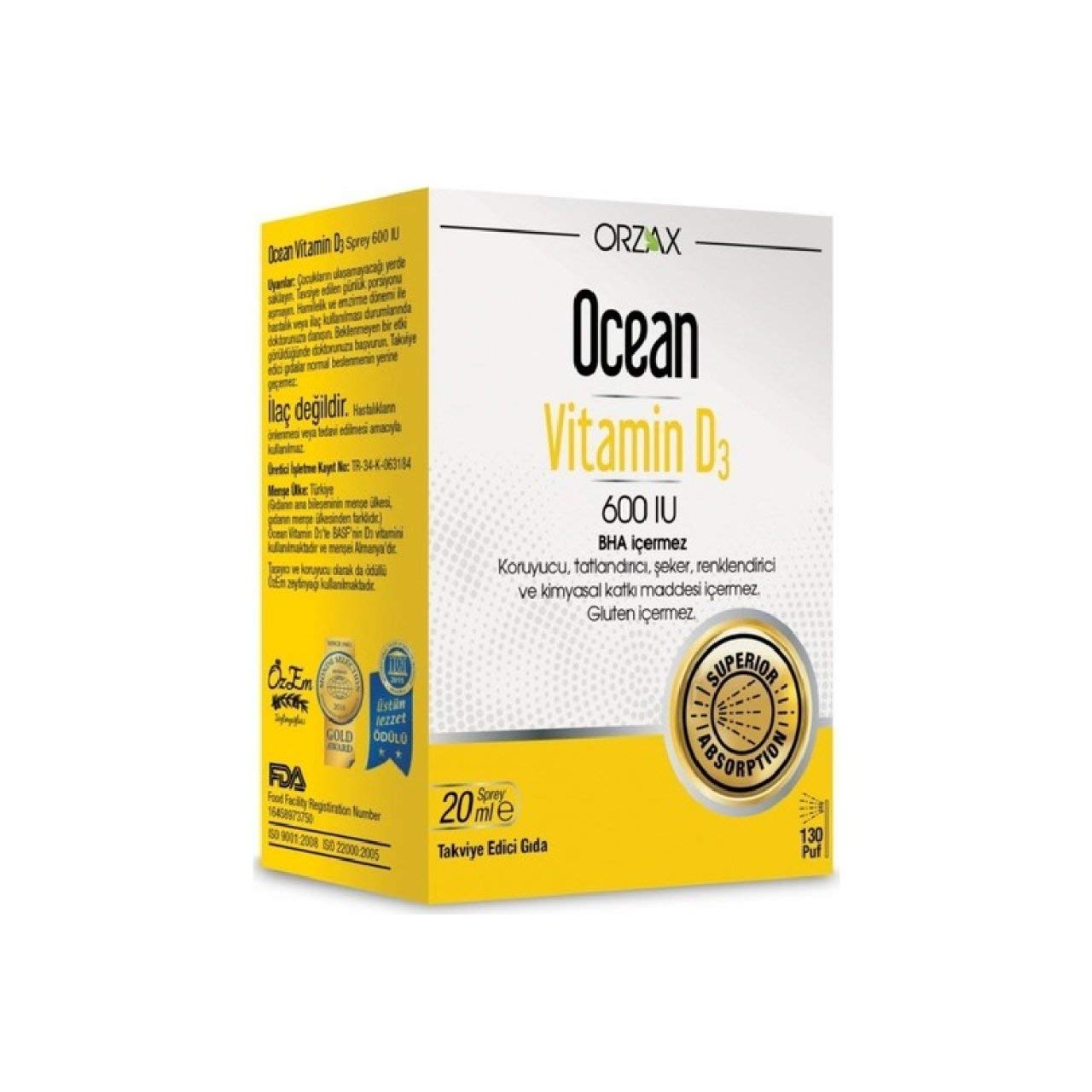 Ocean Vitamin D3 600 IU 130 Puf Oral Sprey (1 x 20 mL)