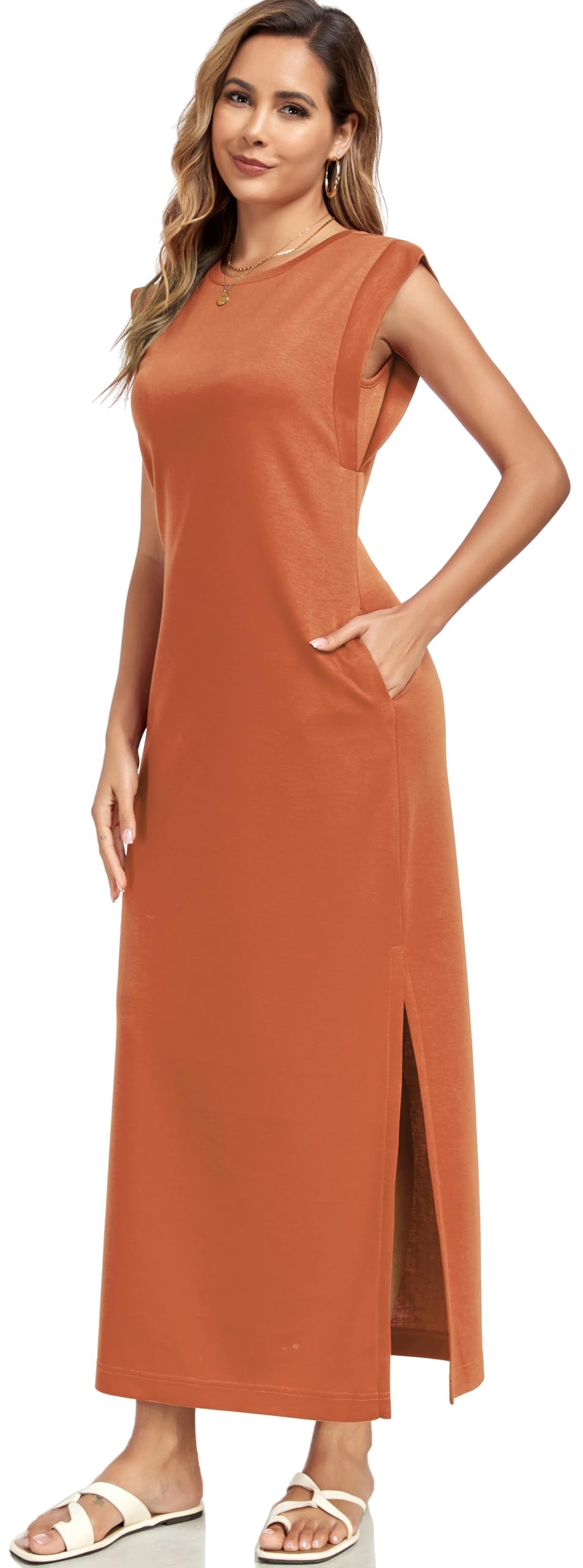 WUWUSKY Damen Maxikleid ärmellos mit Rundhals und Seitenschlitz – Elegantes lässiges Kleid mit Zwei Taschen