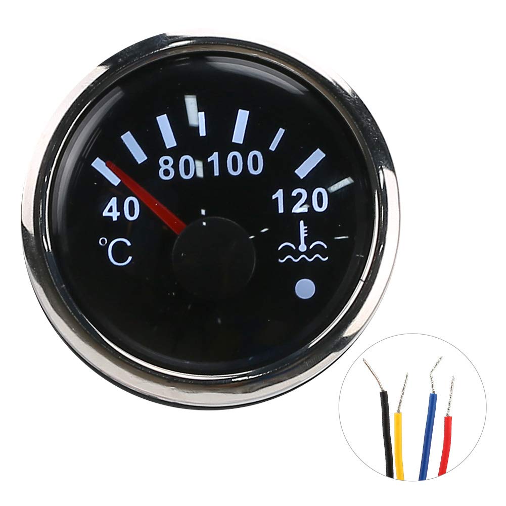 Qiilu Medidor de temperatura del agua de refrigeración de 2 pulgadas, 12V/24V 40‑120 ℃ Alarma inteligente IP67 Impermeable 0‑190ohm Medidor de temperatura de refrigeración(Esfera negra)