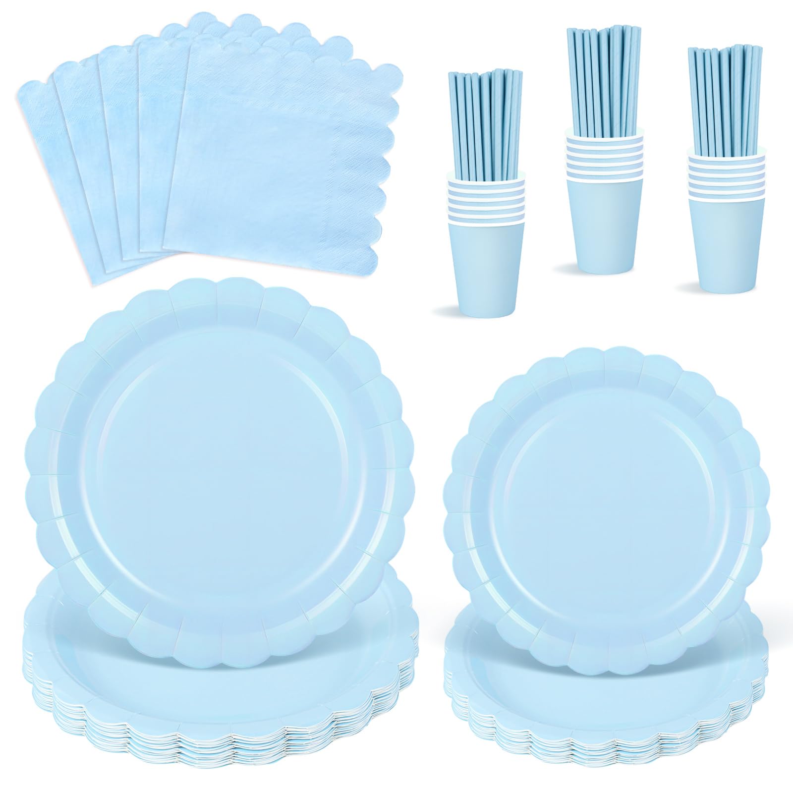 Set Vaisselle Jetable 125 Pièces Bleu Clair – 50 Assiettes, 25 Gobelets, 25 Serviettes, 25 Pailles, Pour 25 Invités