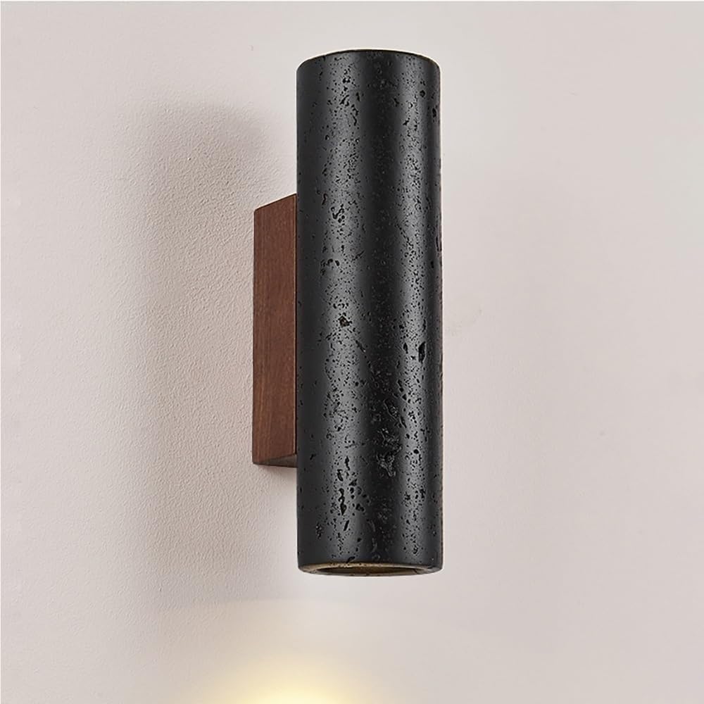 FEITENGDA Japanese Small Black Travertine Wall Sconce Minimalist Cylindrical Stone Wall Lamp Modern Downlight Bedside Reading Wall Light for Hallway Bedroom Study Living Room(23cm/9.06in)