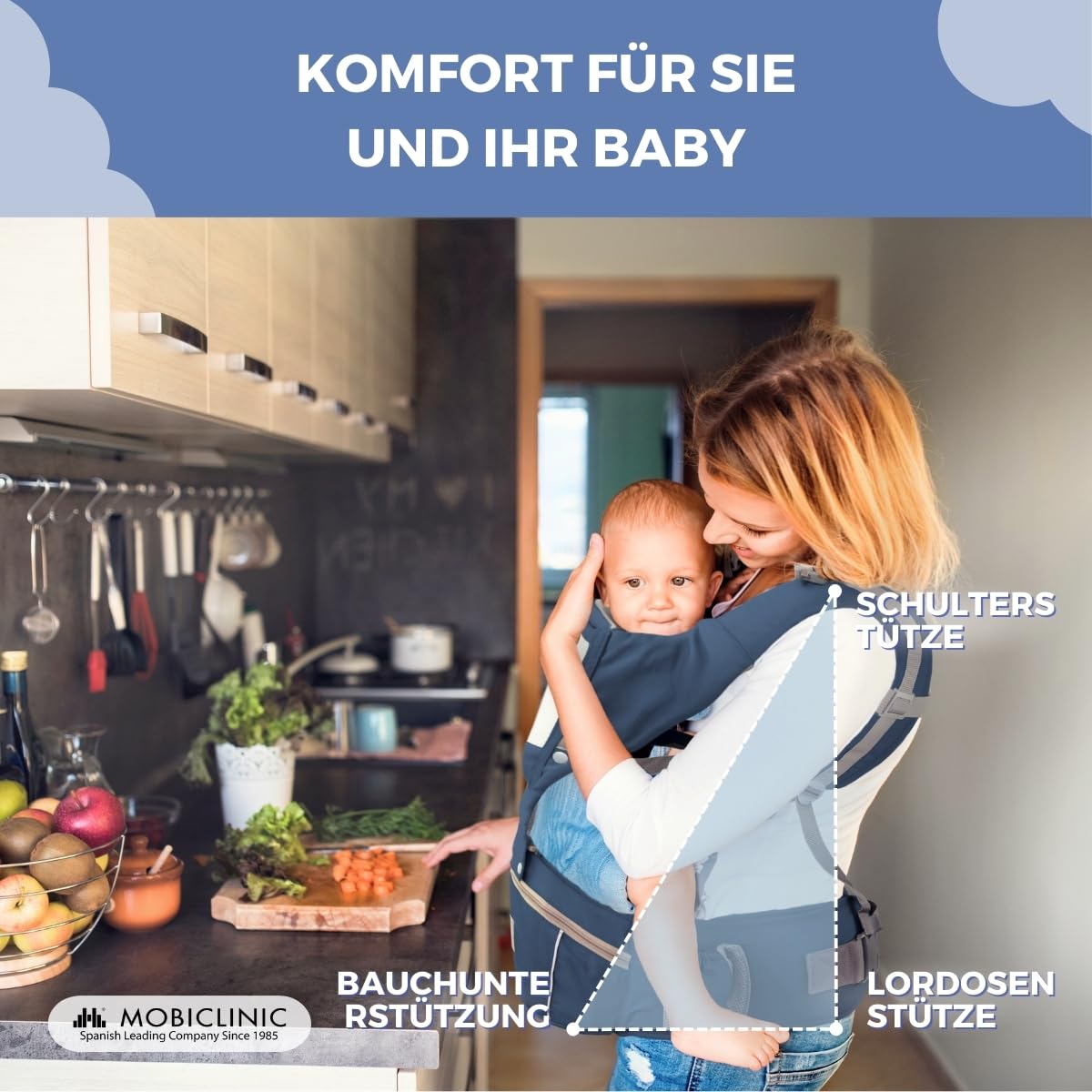 Mobiclinic® kids, Babytrage, 6 in 1, Moley, Mehrpositionale, Faltbar, Reißverschlusstasche, Flaschenhalter, Weiches premium-baumwolle, 0-36 monate, Für neugeborene und kinder (marineblau)