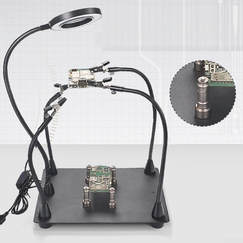 Supporto per circuiti stampati, girevole a 360°, morsetto con lente d'ingrandimento, supporto per stazione di saldatura regolabile, aiuto per riparazione elettronica, telefono, laptop, orologio