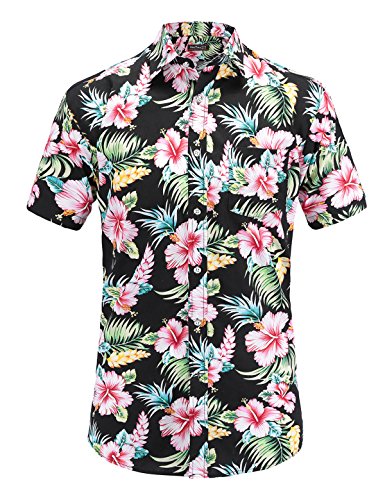 JEETOO Men's Casual Flower Print Short Sleeve Button Down Hawaiian Aloha Shirt(Blackflower), Medium--Fit Chest 41"-42"