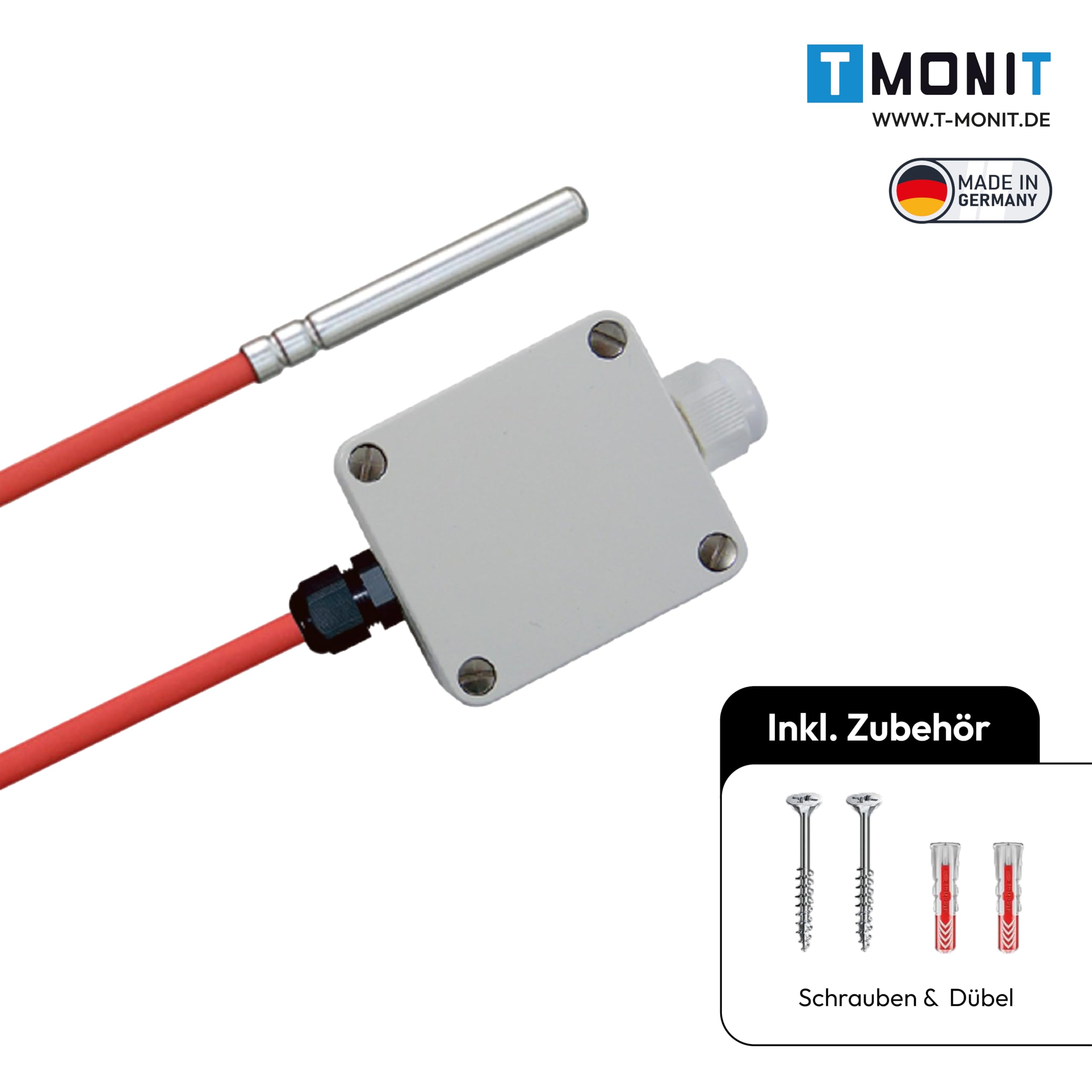 PT1000 Temperaturfühler, 0-10V oder 4-20 mA Messumformer, -50 bis 200 °C, IP65 strahlwassergeschützt, Strom- oder Spannungsausgang, Silikon-Leitung - für HLK & Industrie