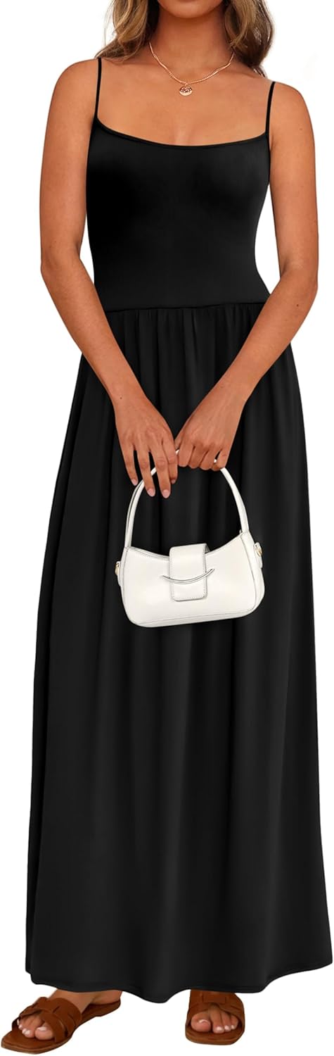 PRETTYGARDEN Womens Spaghetti Strap Maxi Dresses Sleeveless Summer Dress Long Casual Knit Flowy Beach Sundresses with Pockets