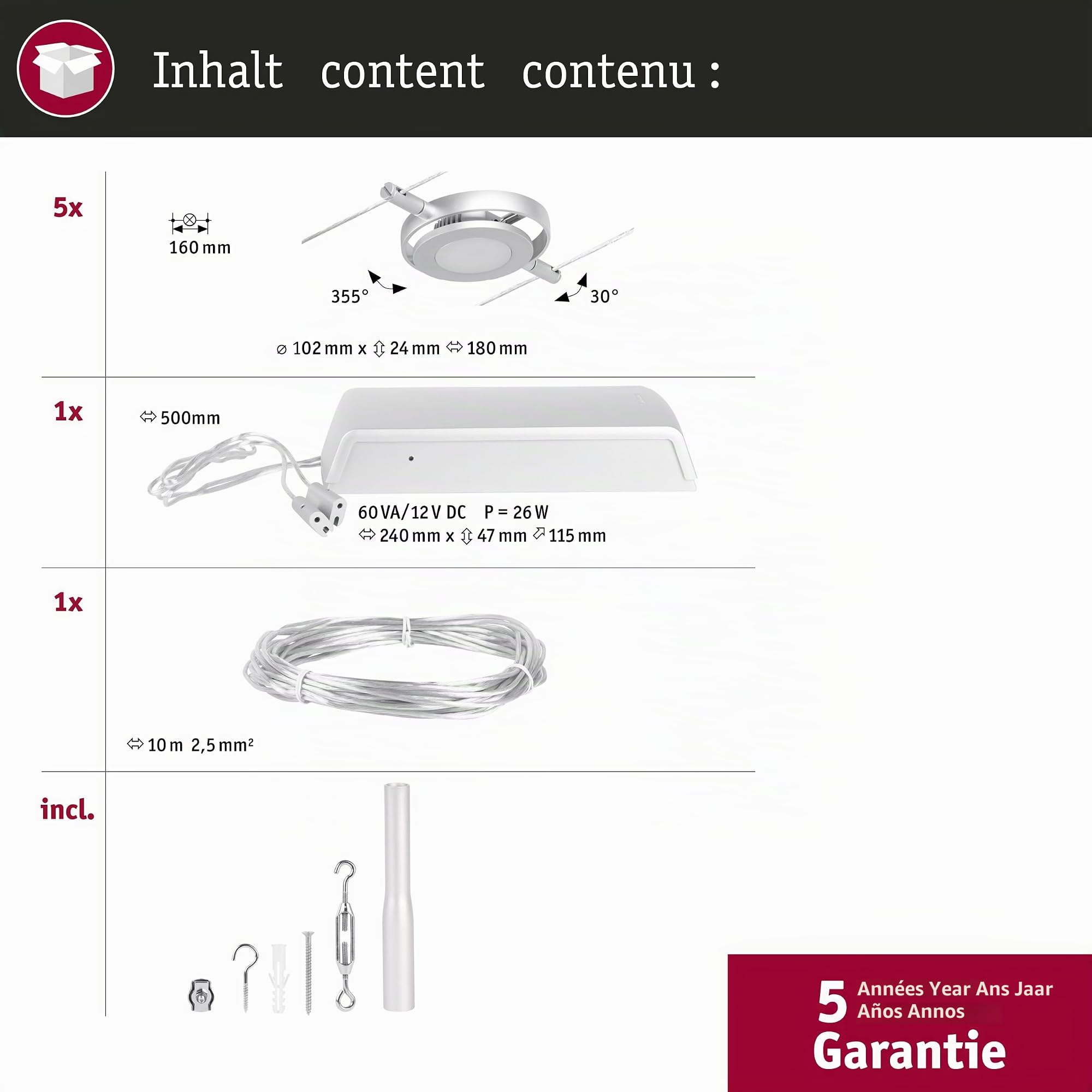 Paulmann 944.14 94414 Kit LED RoundMac DC avec Câble Extensible en Chrome Mat-5 x 4,5 W-3000 K, Métal