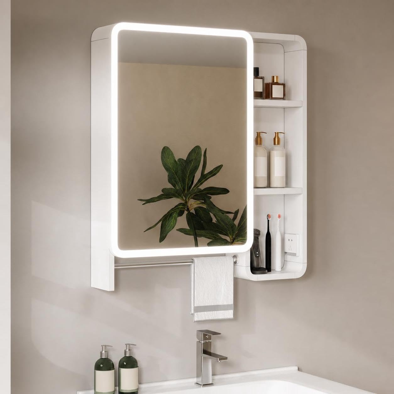 Armario de baño Mural Alto con Espejo Redondo, Cuerpo de Aluminio Espacial, Almacenamiento multinivel, iluminación, Sistema eléctrico antivaho, Control táctil, Enchufe y Barra