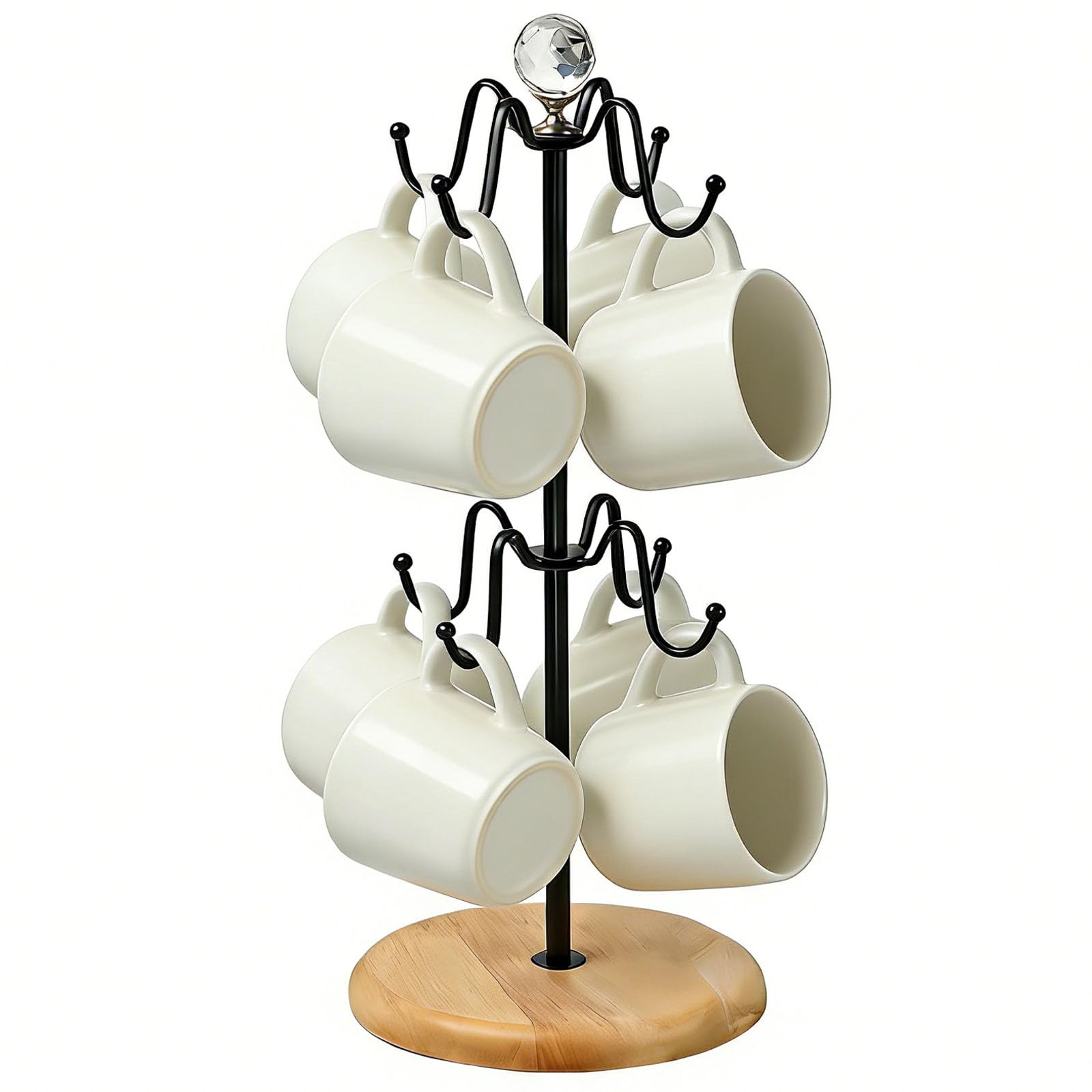 ZBELLO Mug Rack with 8 Metal Hooks, Non-Slip Iron Mug Holder with Weighted Wooden Base, Crystal Coffee Cup Rack for Kitchen Countertop, Coffee Shop Display (Black)