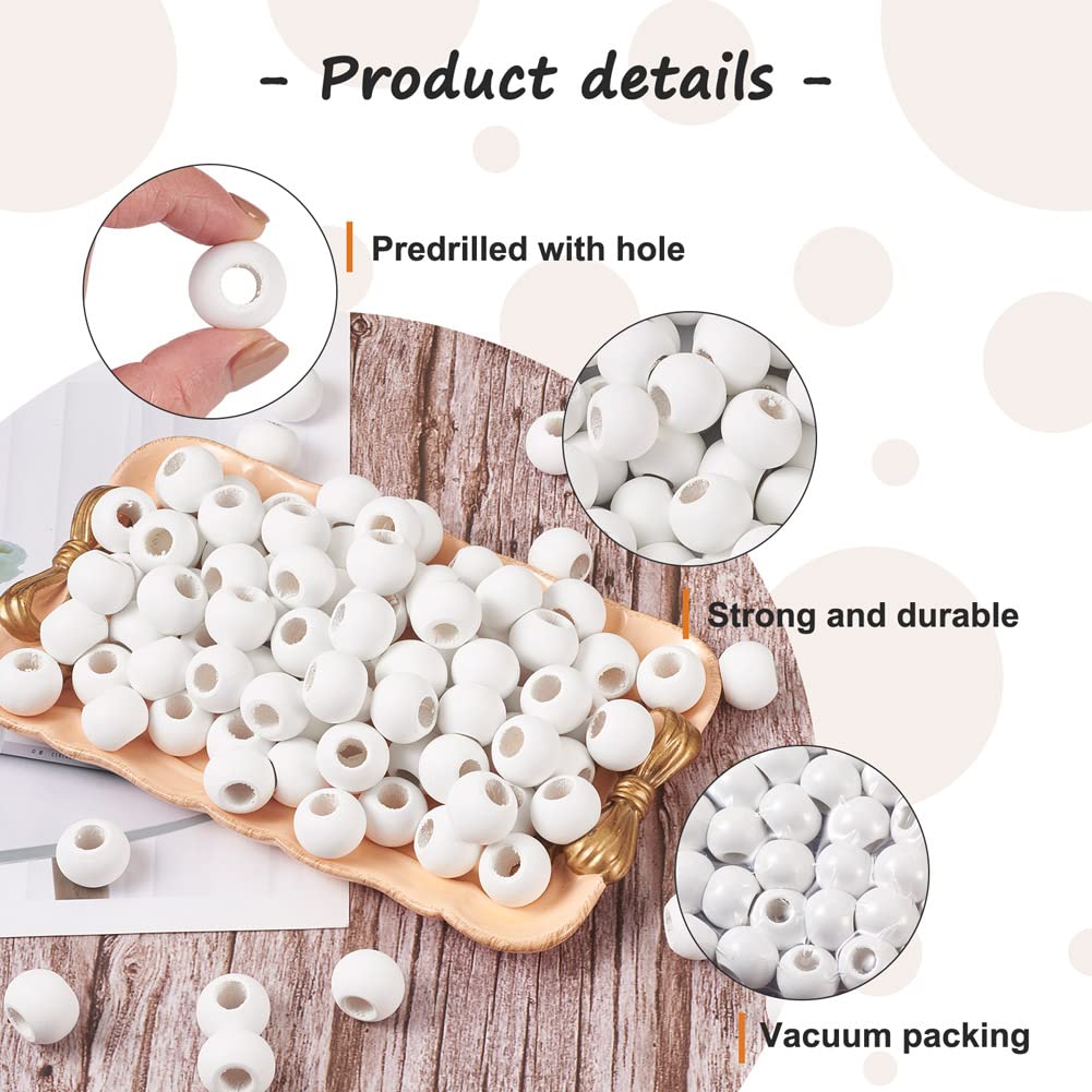Craftdady 200pcs Natural Wood Round Beads White Large Wooden Spacer Barrel Beads 20x15mm for DIY Jewellery Macrame Crafts Making Hole: 10mm - Image 2