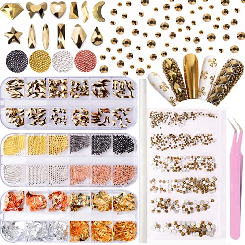 120 pcs Glass Crystal AB Rhinestones,1440 pcs Glass Flat Rhinestones,Metal Caviar and Nail Foil Chip with Tweezers and Picking Pen (Metallic Gold)