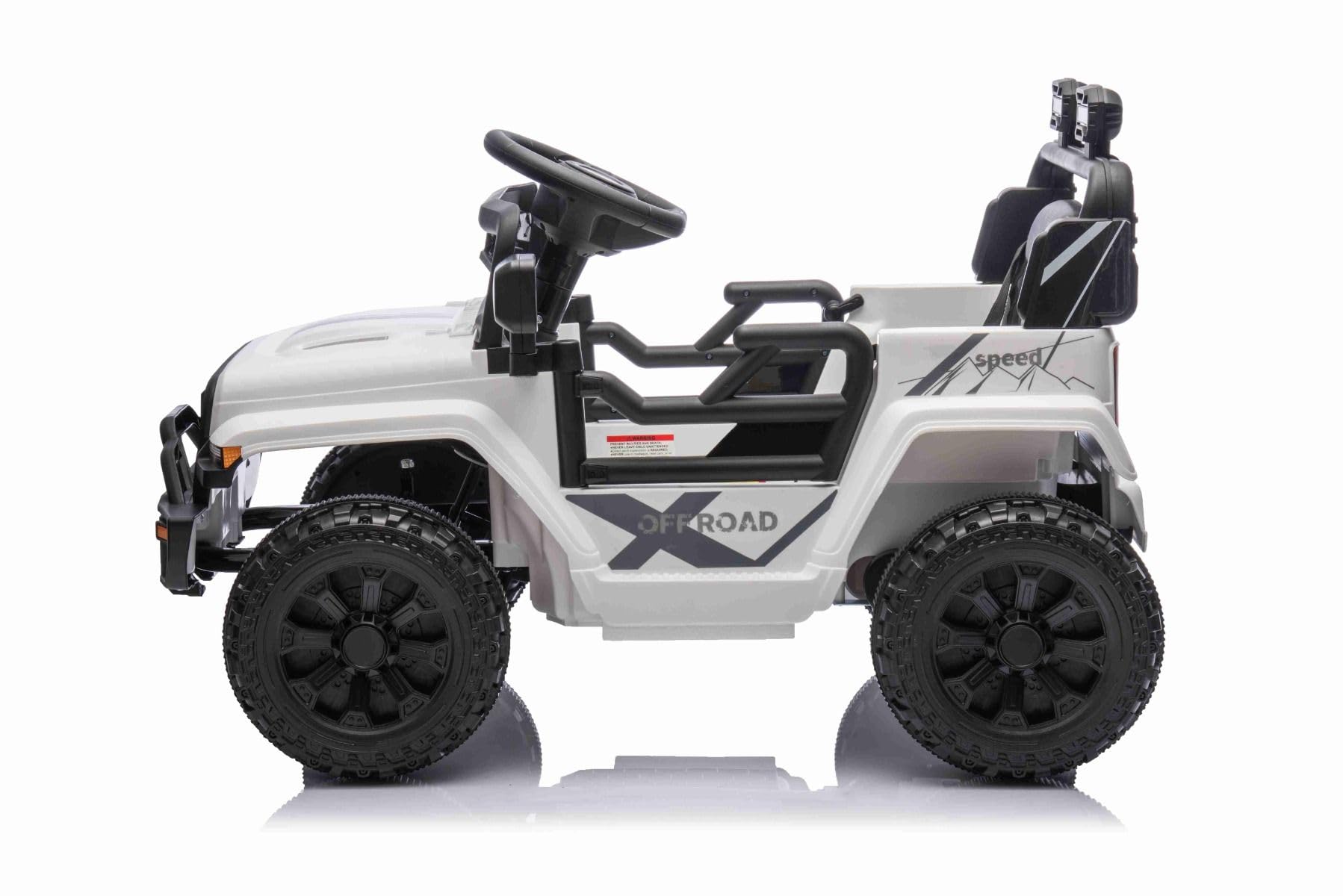 Voiture électrique Enfants Offroad New avec Traction arrière, Blanche, Batterie Lithium, châssis Haut, siège Large, Suspension arrière, télécommande 2,4 GHz, Lecteur MP3 avec USB/AUX, lumières LED