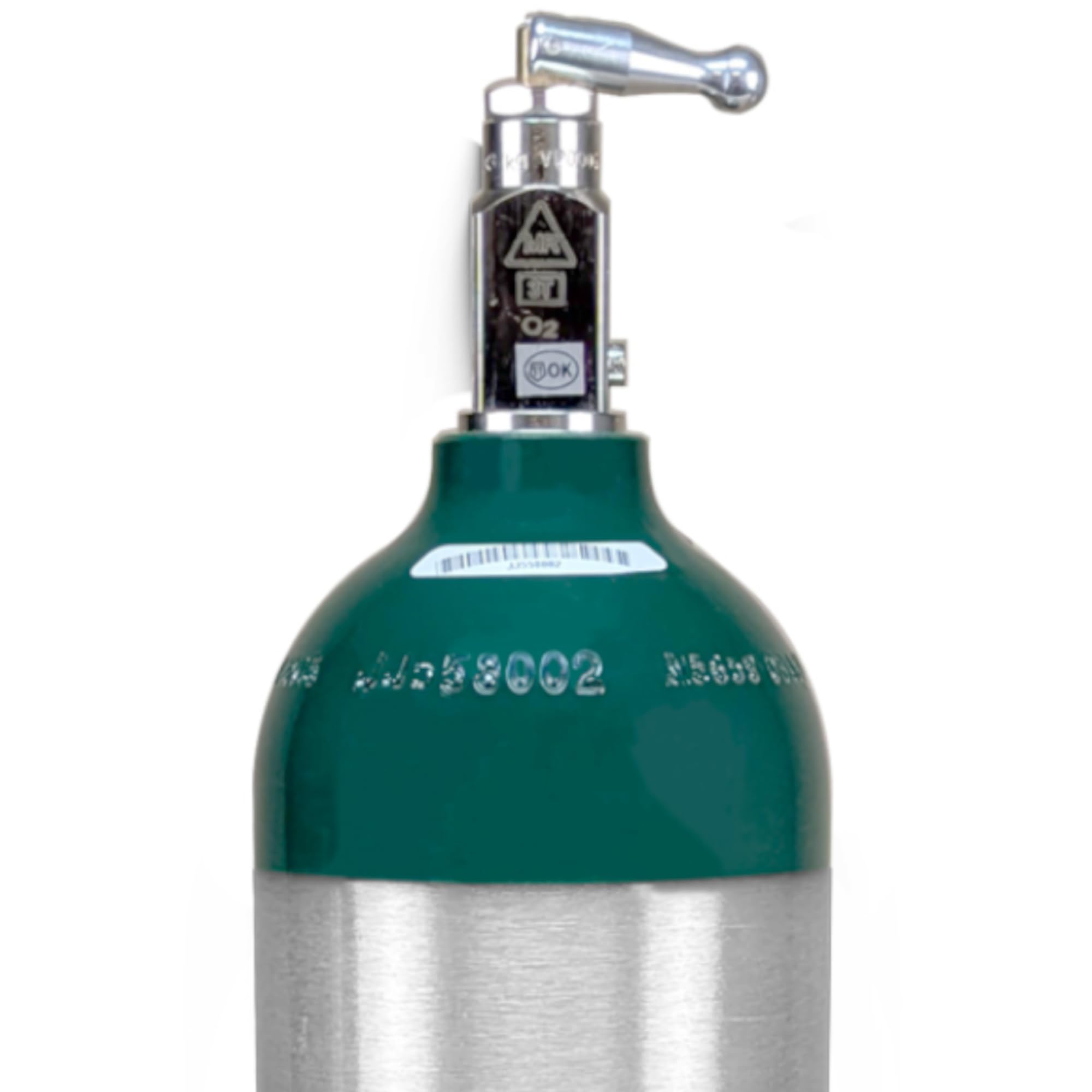 ResOne Portable Aluminum Medical Oxygen Cylinder, E Size, with CGA-870 Toggle Valve for Medical Use - Non-Sparking, Green Dome, Brushed Finish, 24.1 cf, Ships Empty, Prescription Required to Fill
