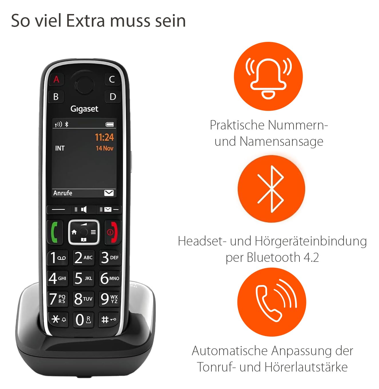 Gigaset E720 - Schnurloses Senioren DECT-Telefon - sprechende Wähltasten - Nummernansage & Namensansage - Anrufübertragung per Bluetooth - Lautstärkeanpassung, schwarz [Deutsche Version]