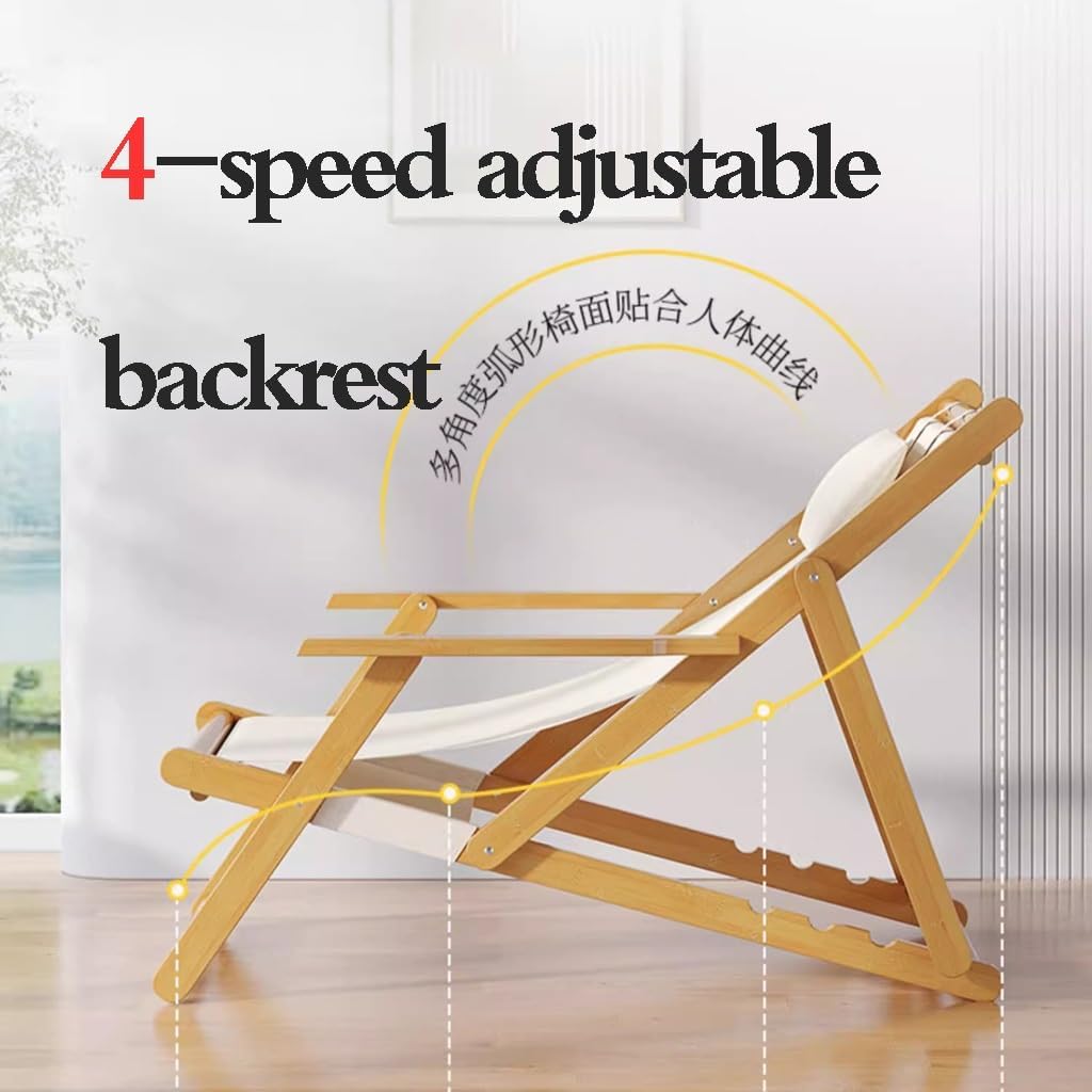 Folding Wood Deck Chairs Beach Sling Chair Patio Lounge Chair with 4 Level Height Adjustable,Bamboo Outdoor Sling Chair Patio Lounge Chairs for Outside (Color : with Footstool)