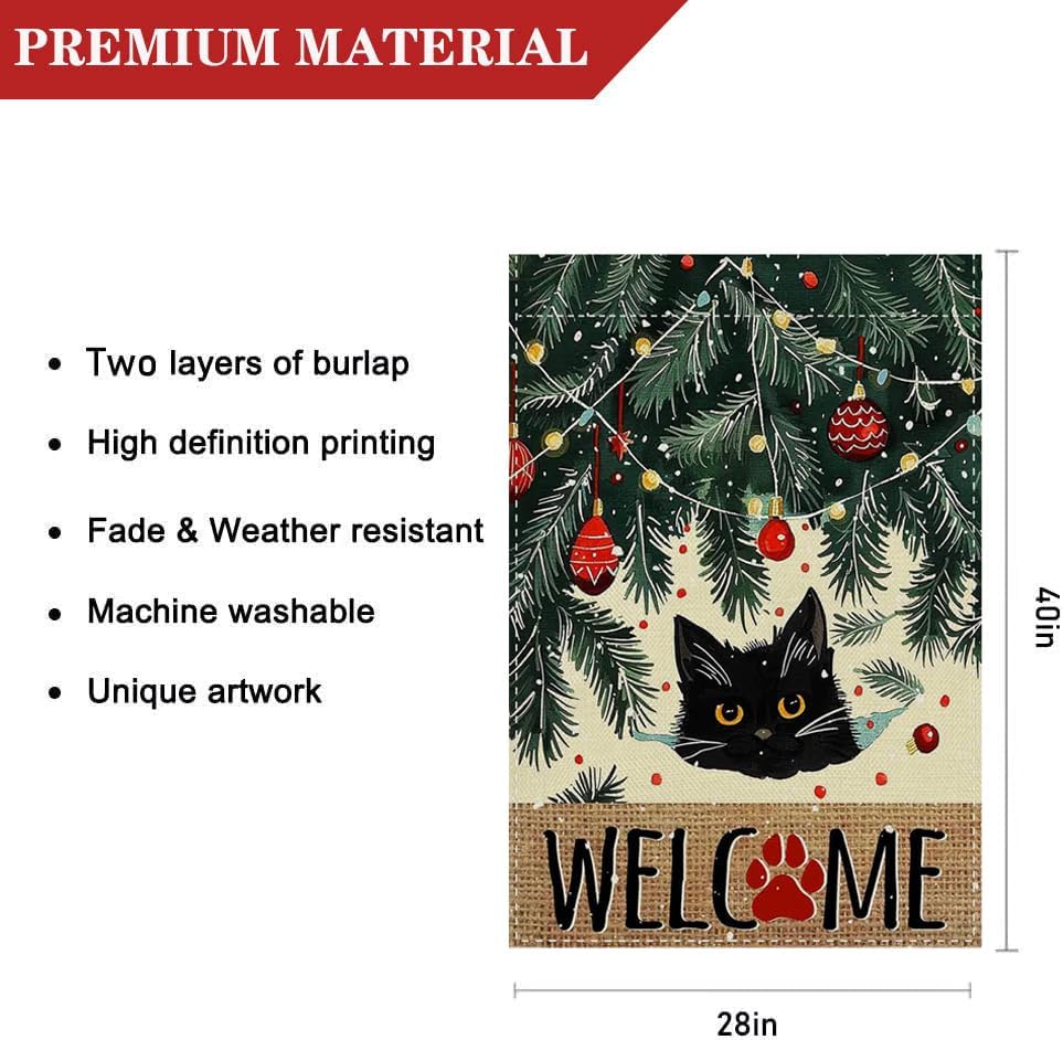 Welcome Christmas House Flag 28 x 40 Inch Black Cat Decorative Double Sided Burlap Small Flag Holiday Banners for Winter Xmas Farm House Yard Decoration - Image 2