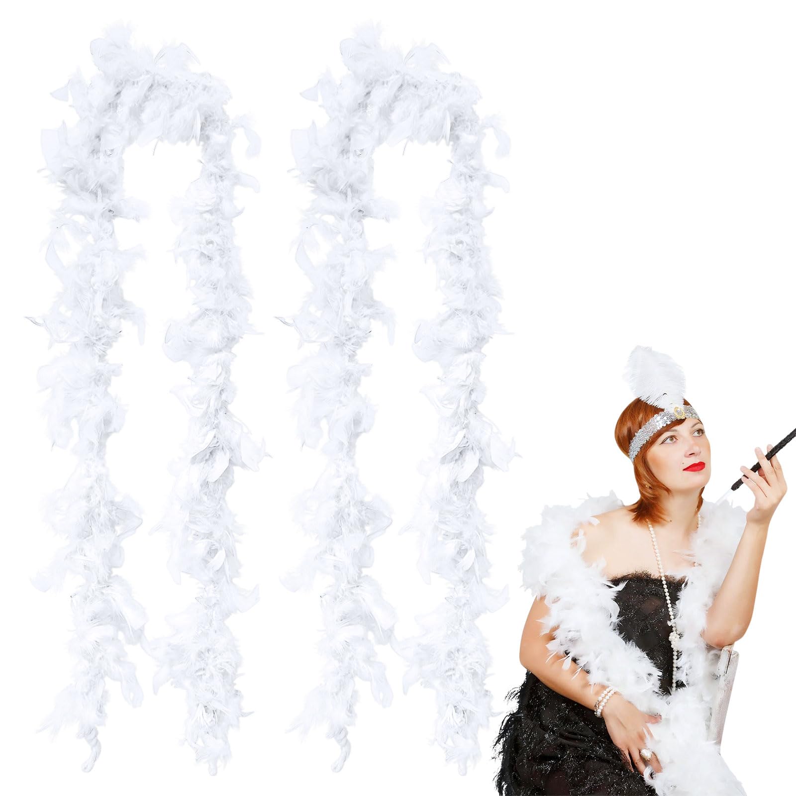 SAIIURV 2 Pieces White Feather Boa Turkey Boa Feathers 2m Feather Boa white Feather Turkey for Party Bulk Dancing Christmas Wedding Centerpieces 1920s Flapper Accessories (White)