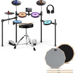 Donner DED-70L Electronic Drum Set with LED Light Up Mesh Drum Pads, 9" Cymbals Bundle with Drum Practice Pad 8 Inches, 5A Drumsticks Included