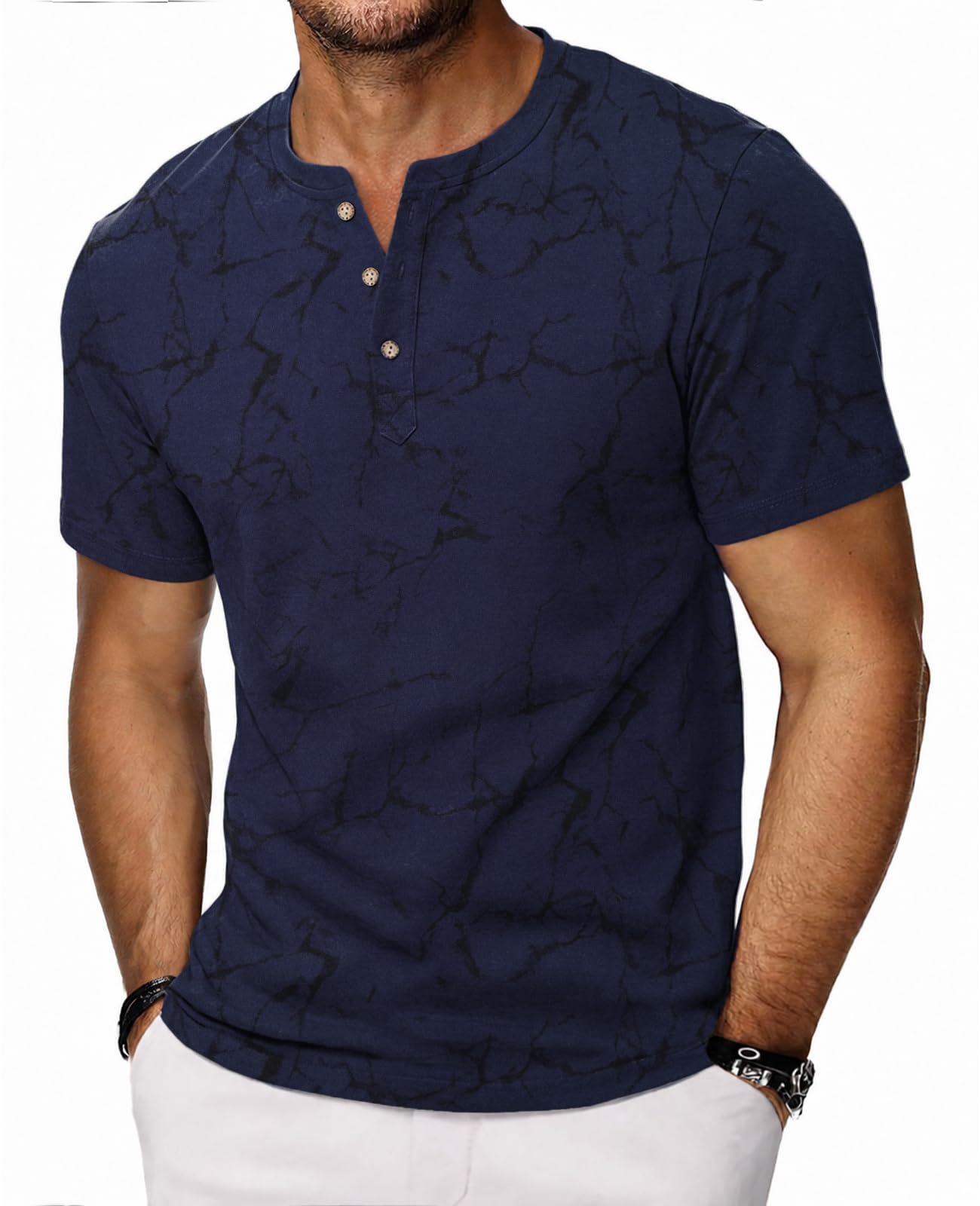 HMIYA Hemd Herren 100% Baumwolle Vintage Henley Shirt Kurzarm T-Shirts für Herren Sommerhemd Beiläufig Männer