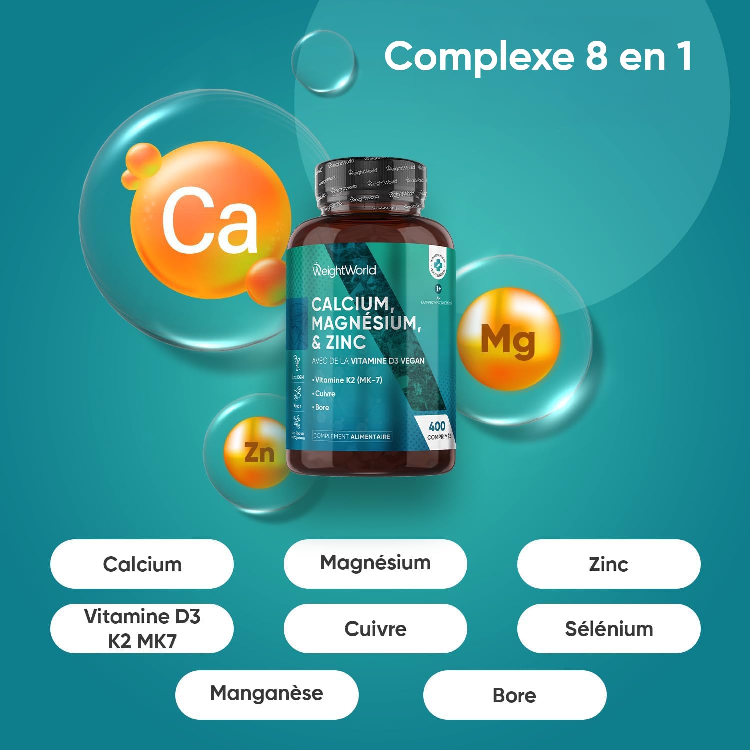 Duo Complémentaire - Calcium Magnésium Zinc Vitamine D3 K2 MK7 400 Comprimés (+ 1 An) - Glucosamine Chondroïtine MSM 180 Gélules, avec Curcuma, Acide Hyaluronique & Vitamine C Acide L Ascorbique