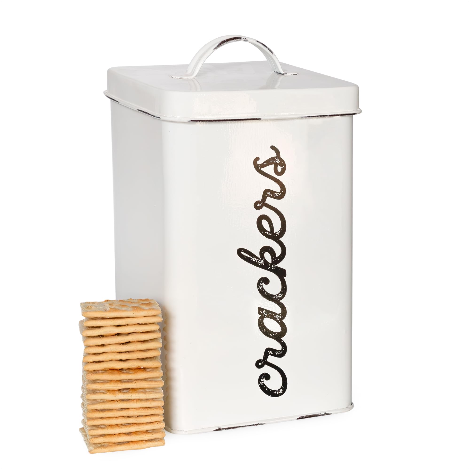 AuldHome Rustic White Cracker Tin; Square Enamelware Classic Cracker Canister