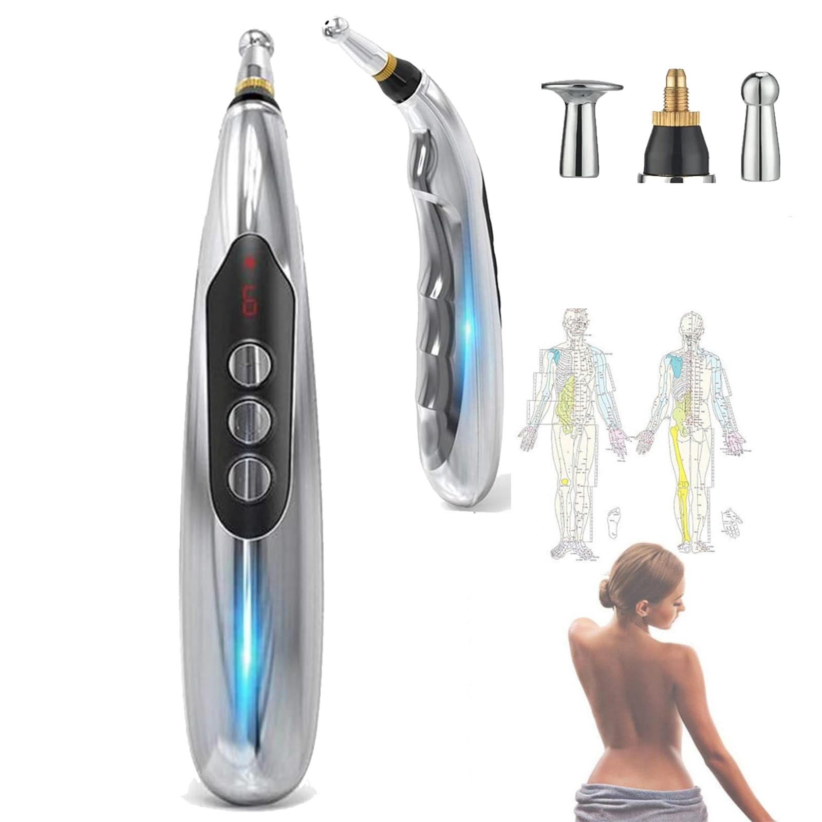 Bolígrafo de acupuntura, dispositivo de acupresión recargable por USB con 3 cabezales de masaje y 9 niveles, herramienta de masaje de energía meridiana para oficina y ocio