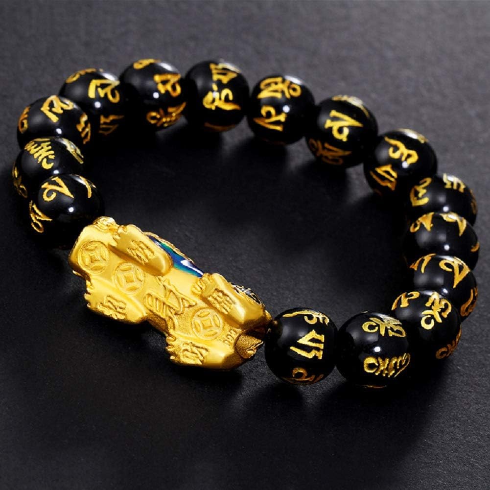 14K Plated 12 mm Feng Shui Men Bracelet Pixiu Piyao Color Change Black Bead Lucky Bracelet Bangle Wristband Women Girl Boy