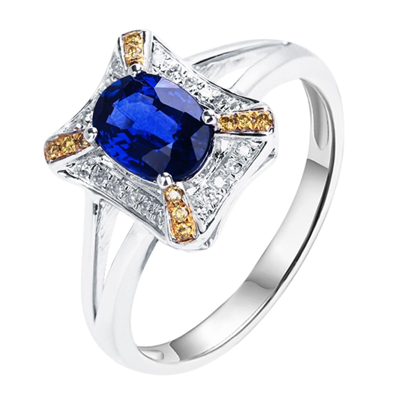 Anillo Compromiso Oro Blanco de 9 Kilates / 14 Kilates / 18 Kilates para Mujer, Rectángulo y Oval con Zafiro Creado de 1.1ct y Moissanita, Anillo de Alianza Mujer Plata Azul