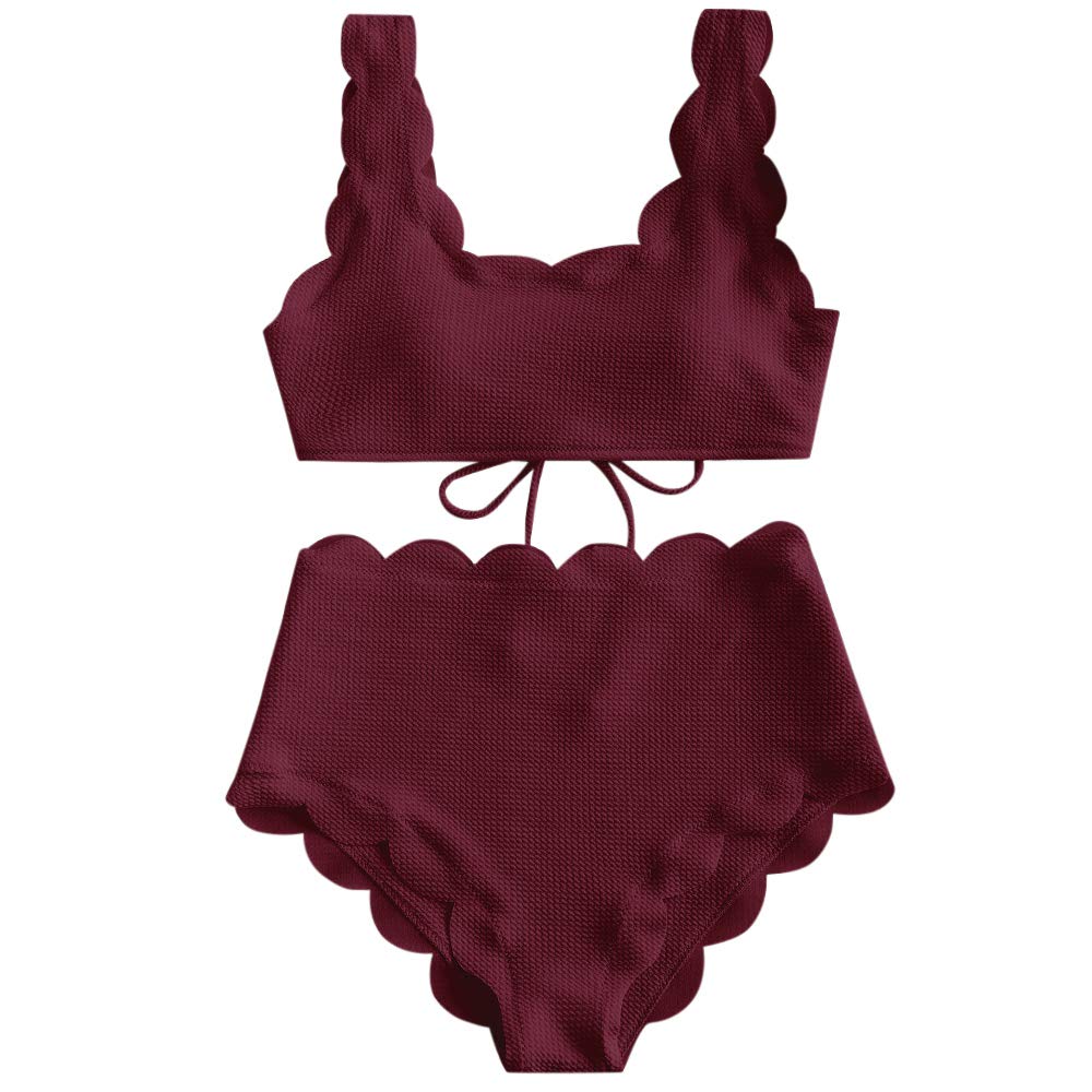 ZAFUL Women Scalloped Textured High Waisted Bikini Set Strappy Padded Lace Up 2 Piece Swimsuit