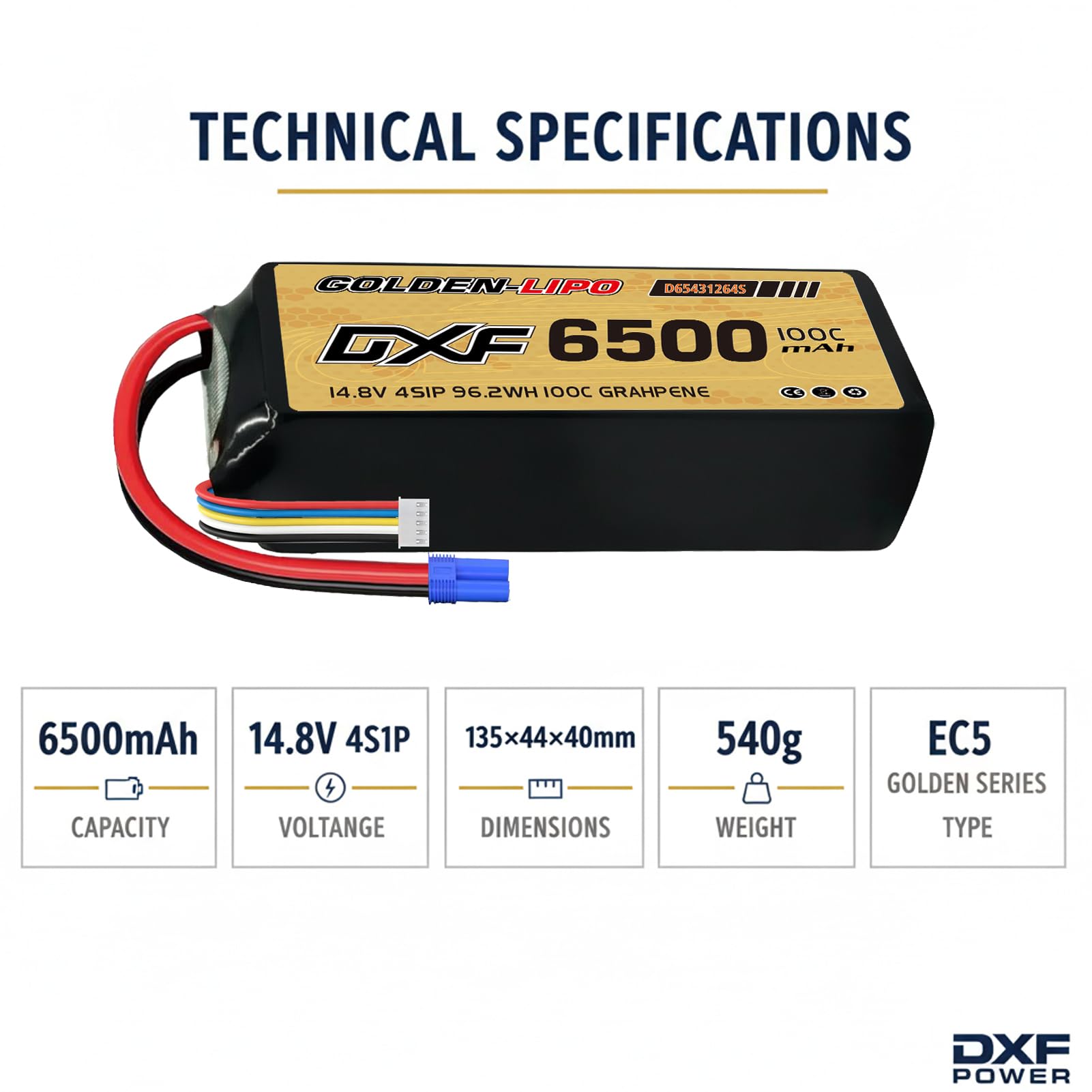 DXF Lot de 2 batteries Lipo 4S - 14,8 V - 6500 mAh - 100 C - Boîtier rigide avec fiche EC5 - Pour Buggy Truggy Crawler Monster Car Boat Racing Drone UAV FPV Hobby