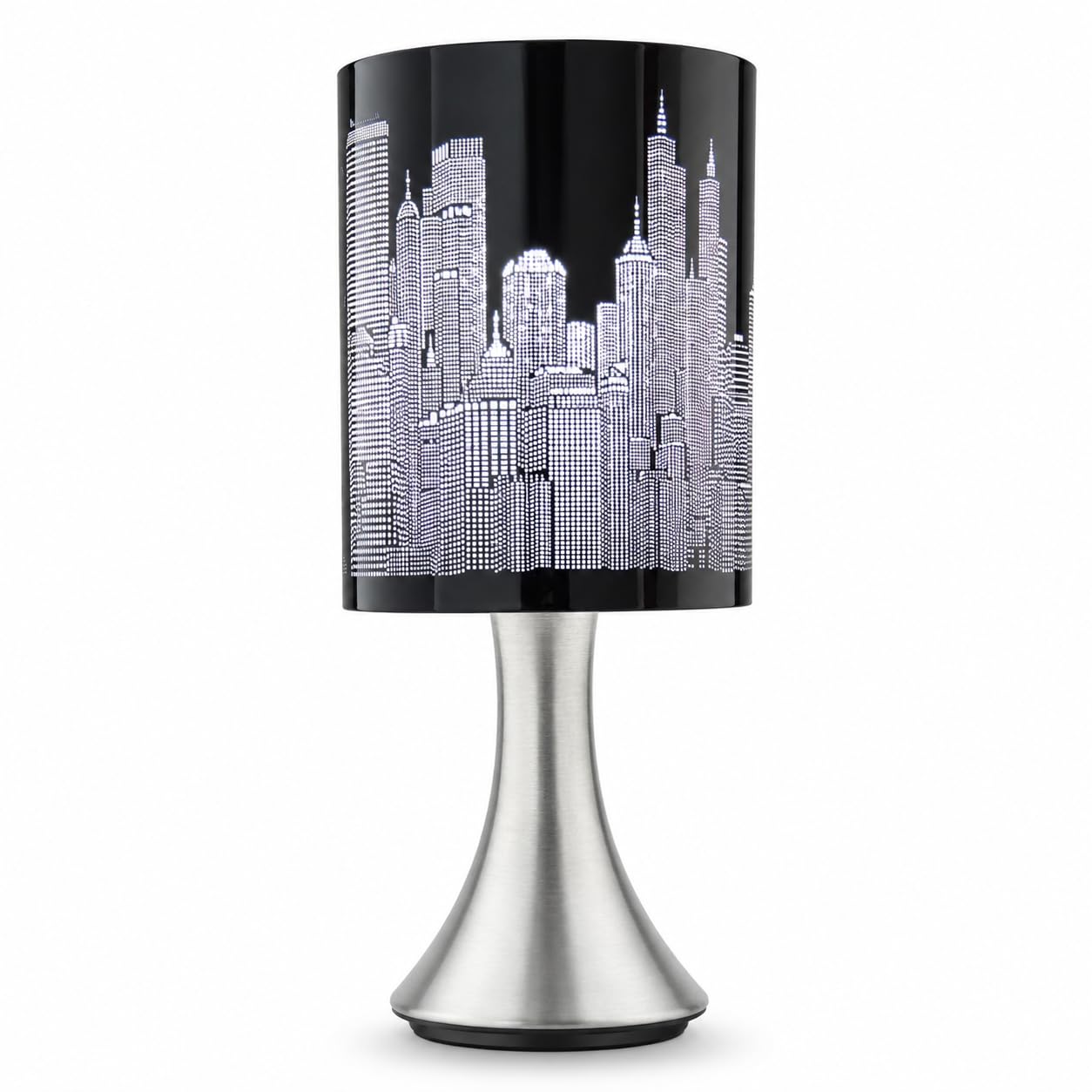 Chrome New York Skyline Touch Table Lamp - Empire State & Manhattan Skyscraper Cut-Out Shade, Mirror Chrome Bedside Lamp with Warm City Glow for Bedroom, Living Room & Office