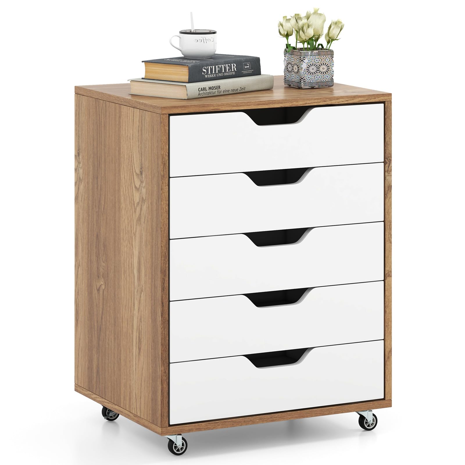 GOPLUS Caisson Bureau avec 5 Tiroirs à Roulettes en Bois, 49x40x65CM, Meuble Rangement Bureau Mobile avec Support Imprimante, Rangement à 5 Niveaux pour A4, Document, Format, Lettre, Idéal pour Maison