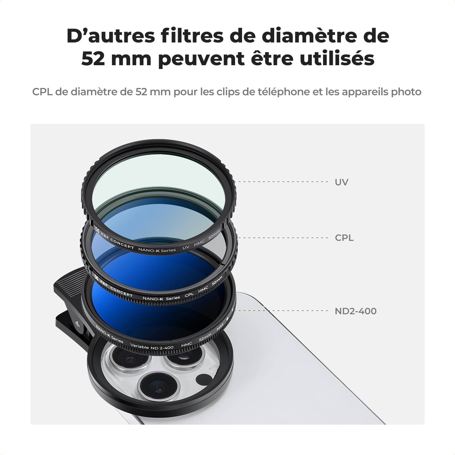 K&F Concept 52mm Clip Filtre Polarisant CPL + Perche Selfie 180CM Trépied de Suivi AI 360°