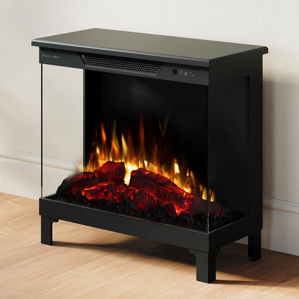 Modern Ember Skyline Smart Digital 3-Sided Electric Fireplace Stove Heater | LED Multiple Flame Colors | Alexa/WiFi Enabled | Remote Included | Optional Crackling Sound | Black